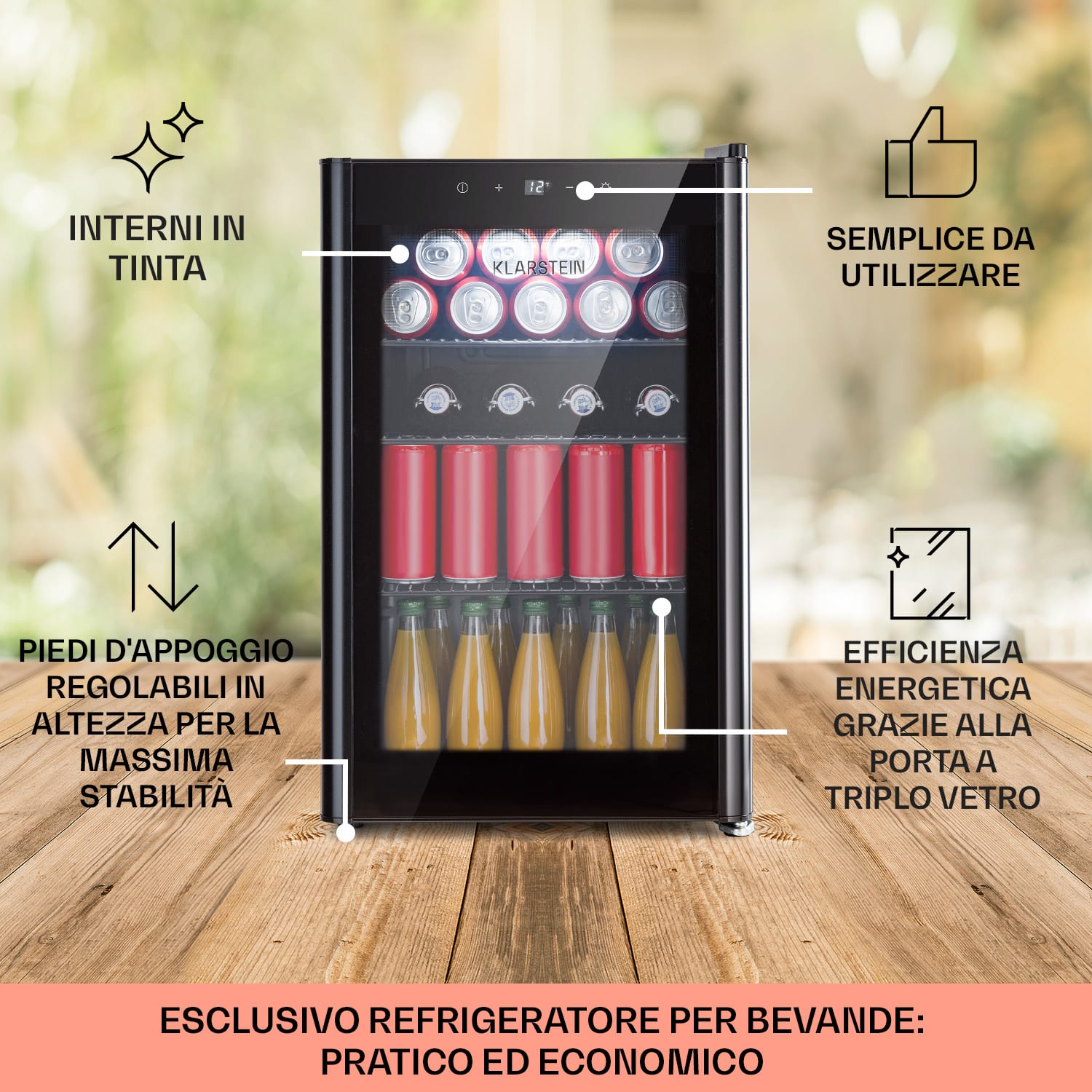 Beercave 70 - Frigorifero, 70 litri, 3 ripiani, sportello in vetro a triplo isolamento, touch 70 Ltr | Nero