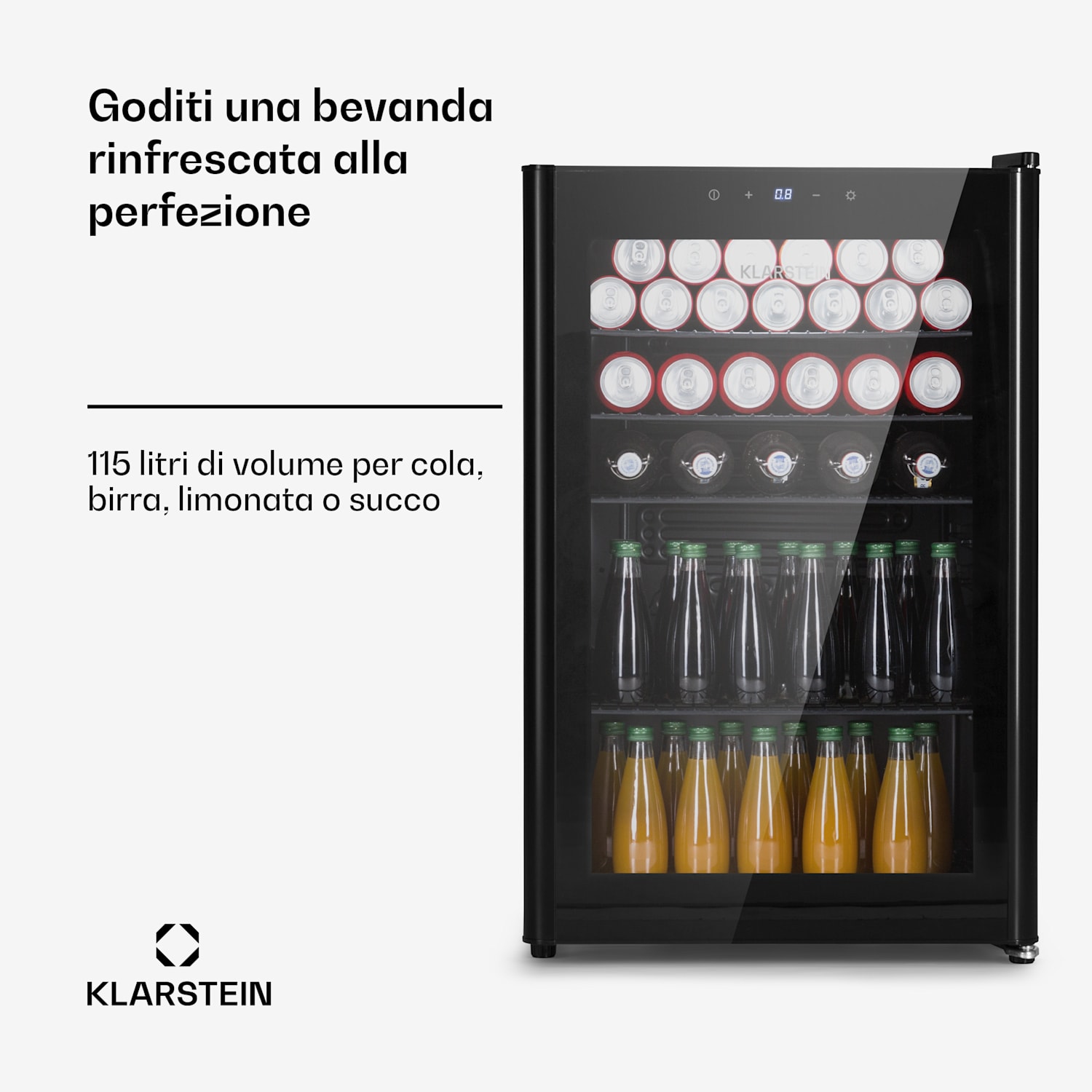 Beercave 115 - Frigorifero, 115 litri, 4 ripiani, sportello in vetro a triplo isolamento, touch 115 Ltr | Nero