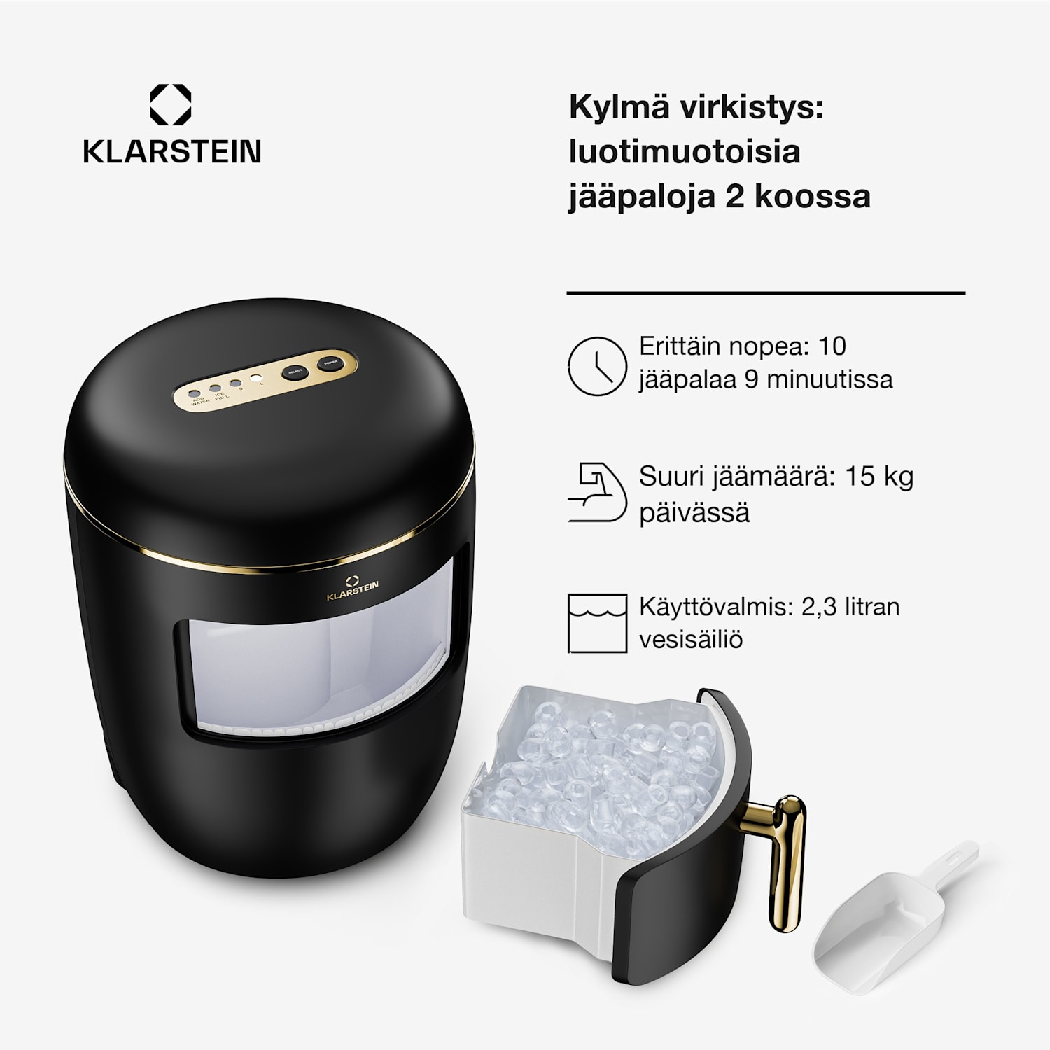 Passau jääpalakone 2 kokoa 15 kg/24 h Auto-Clean 2,3 L | Musta / Antiikki Kulta Metallinen
