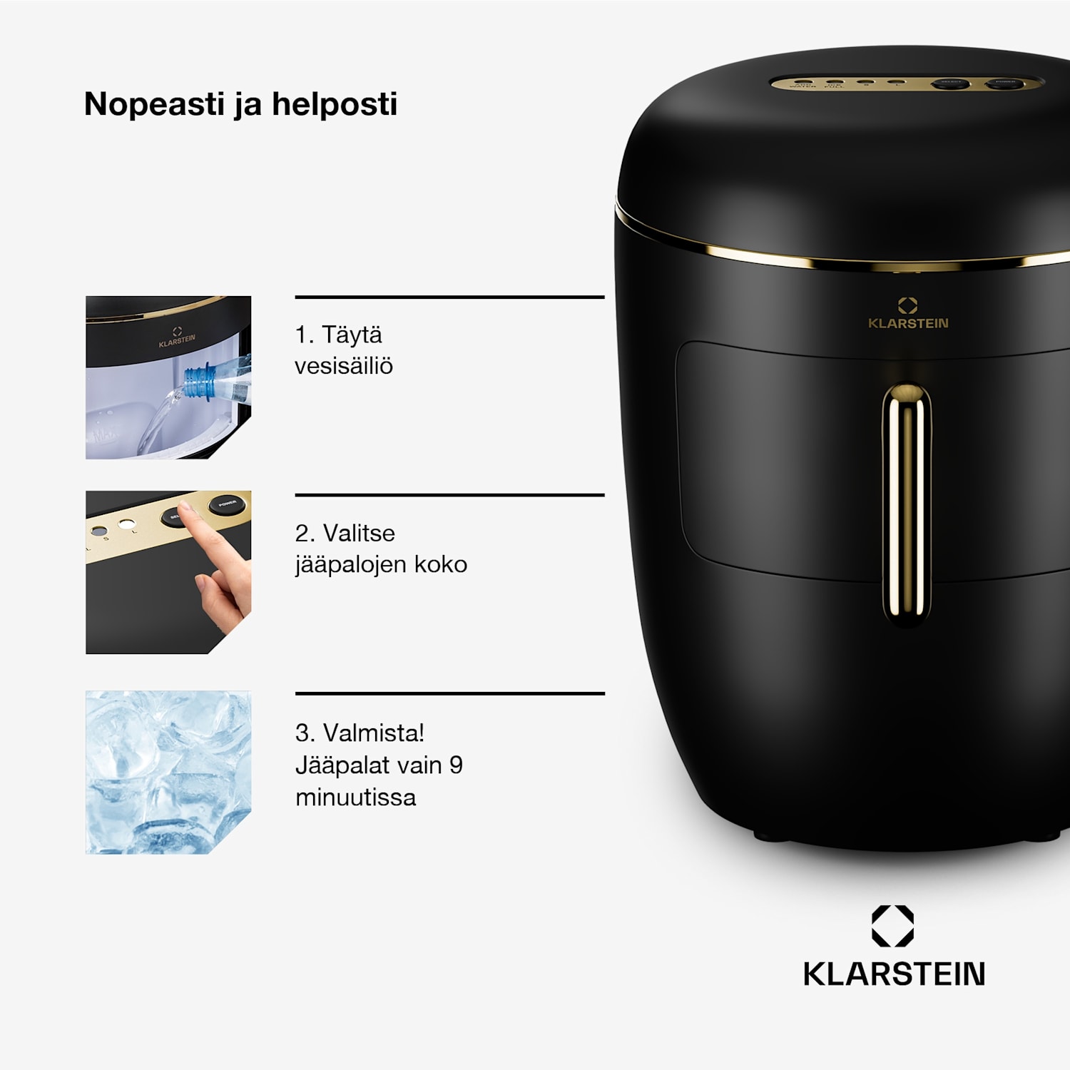 Passau jääpalakone 2 kokoa 15 kg/24 h Auto-Clean 2,3 L | Musta / Antiikki Kulta Metallinen