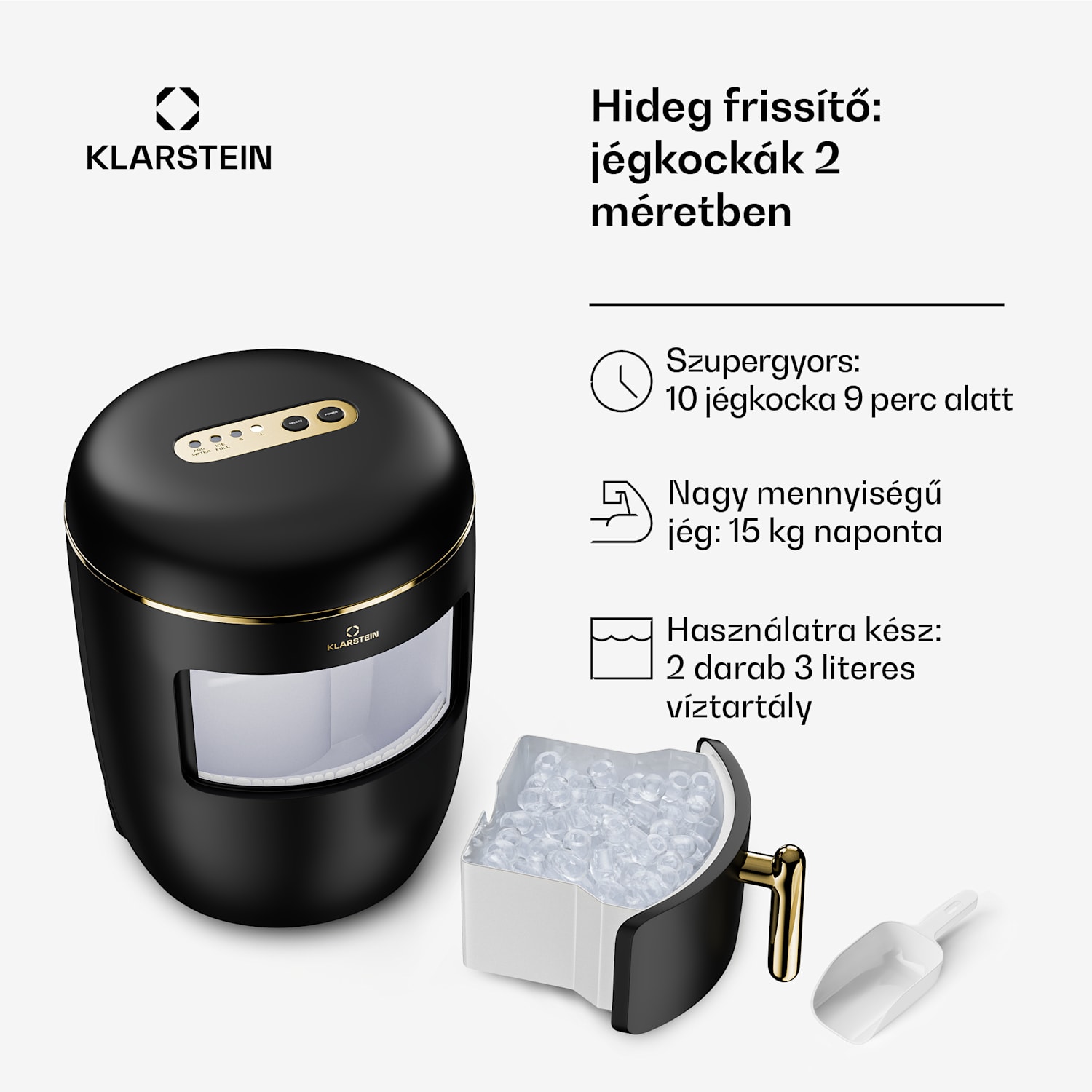 Passau, jégkocka készítő, 2 méret, 15 kg /24 h, Auto-Clean 2,3 ltr | Fekete / Antik arany fém