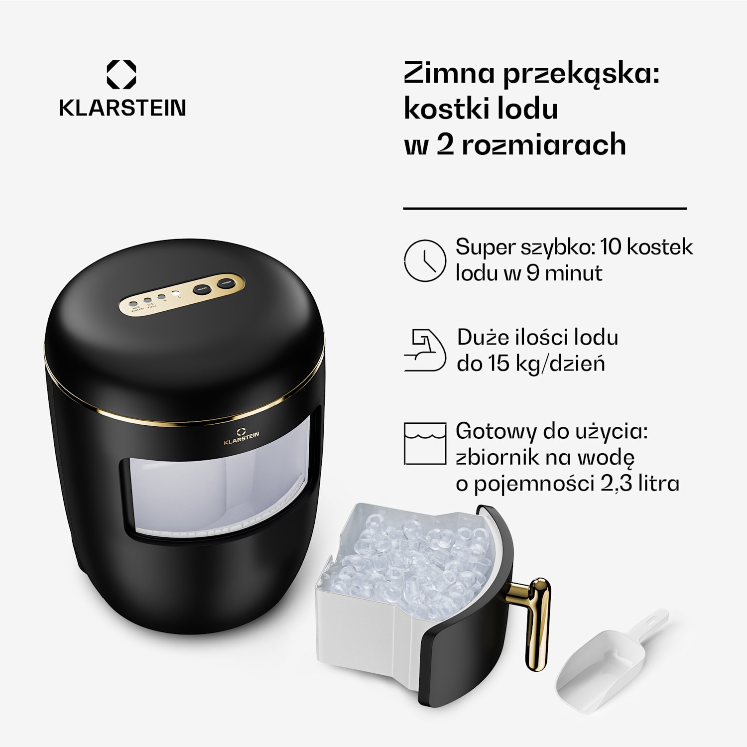 Passau, kostkarka do lodu, 2 rozmiary, 15 kg/24 h, Auto-Clean (automatyczne czyszczenie) 2,3 ltr | Czarne / Antyczne Złoto Metaliczne