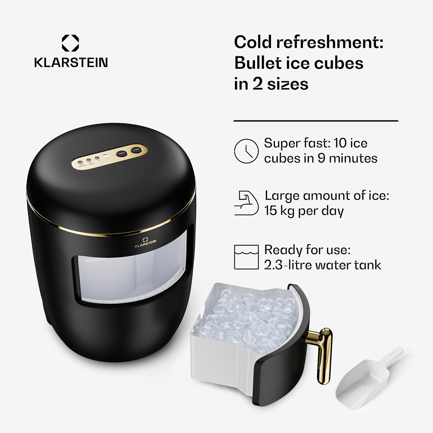 Passau ijsblokjesmachine 2 formaten 15 kg/24h auto-clean 2,3 ltr | Zwart / Antiek Goud Metallic