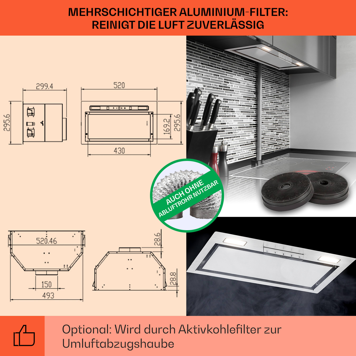 Camila Dunstabzugshaube Einbau 52 cm 397 m³/h LED Touch Edelstahl 52 cm | Edelstahl