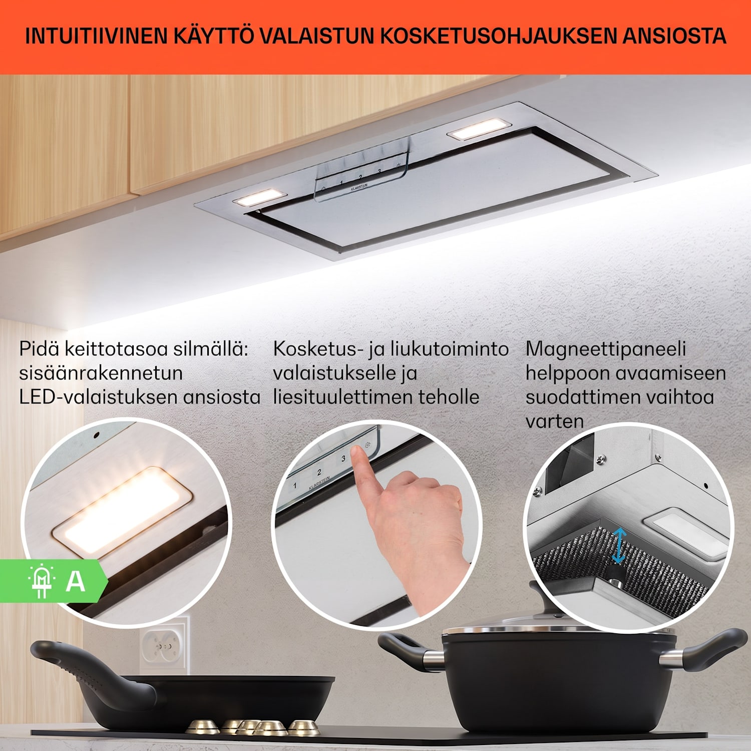 Camila liesituuletin integroitava 60 cm 369 m³/h LED kosketus ruostumaton teräs 52 cm | Hopea