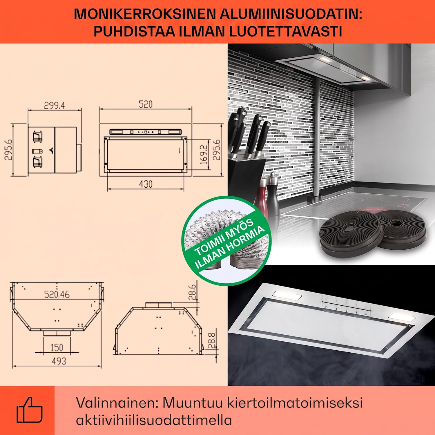 Camila liesituuletin integroitava 60 cm 369 m³/h LED kosketus ruostumaton teräs 52 cm | Hopea