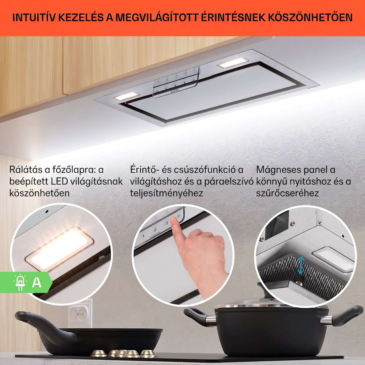 Camila beépíthető 52 cm-es, 397 m³/ó LED Touch rozsdamentes acél páraelszívó 52 cm | Rozsdamentes acél