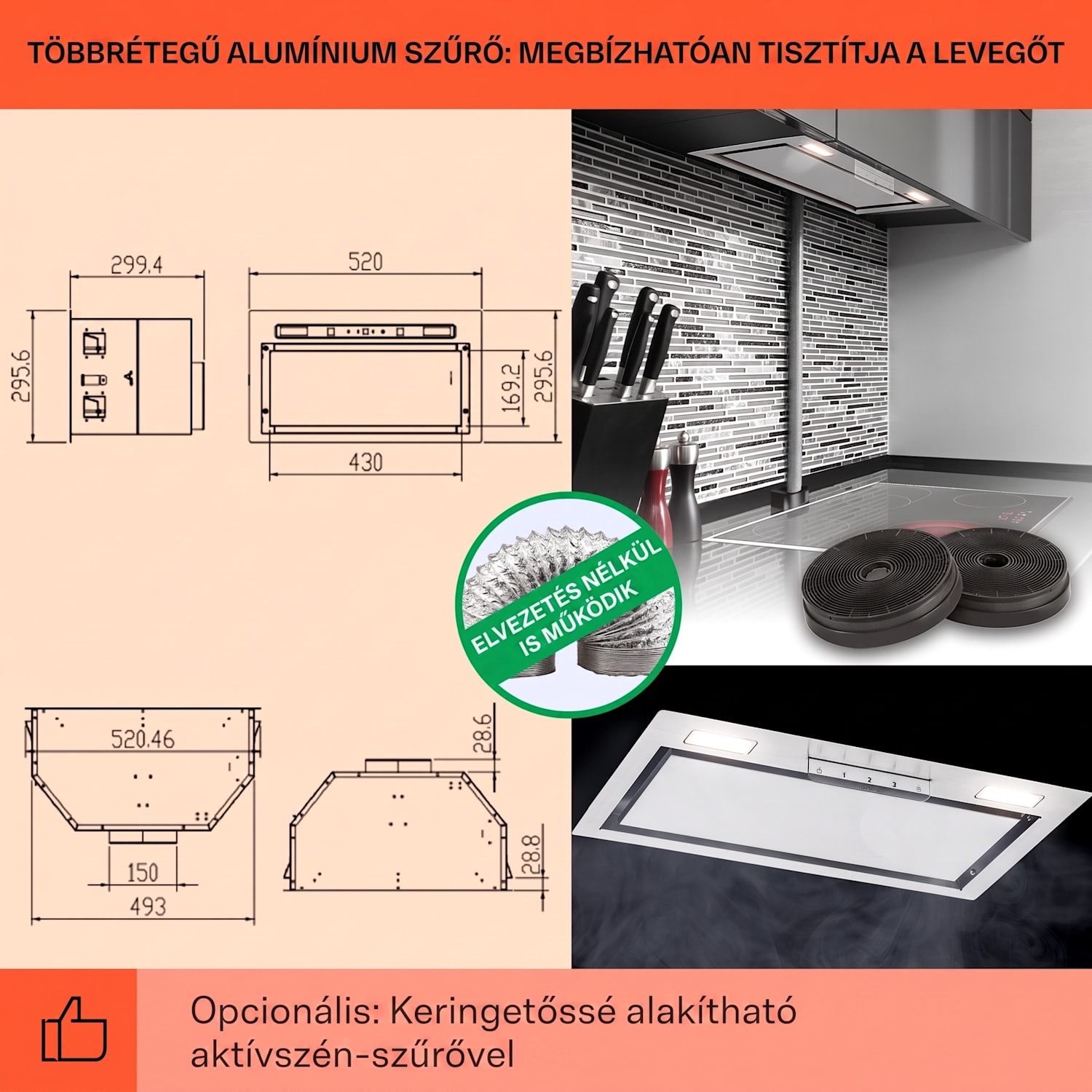 Camila beépíthető 52 cm-es, 397 m³/ó LED Touch rozsdamentes acél páraelszívó 52 cm | Rozsdamentes acél