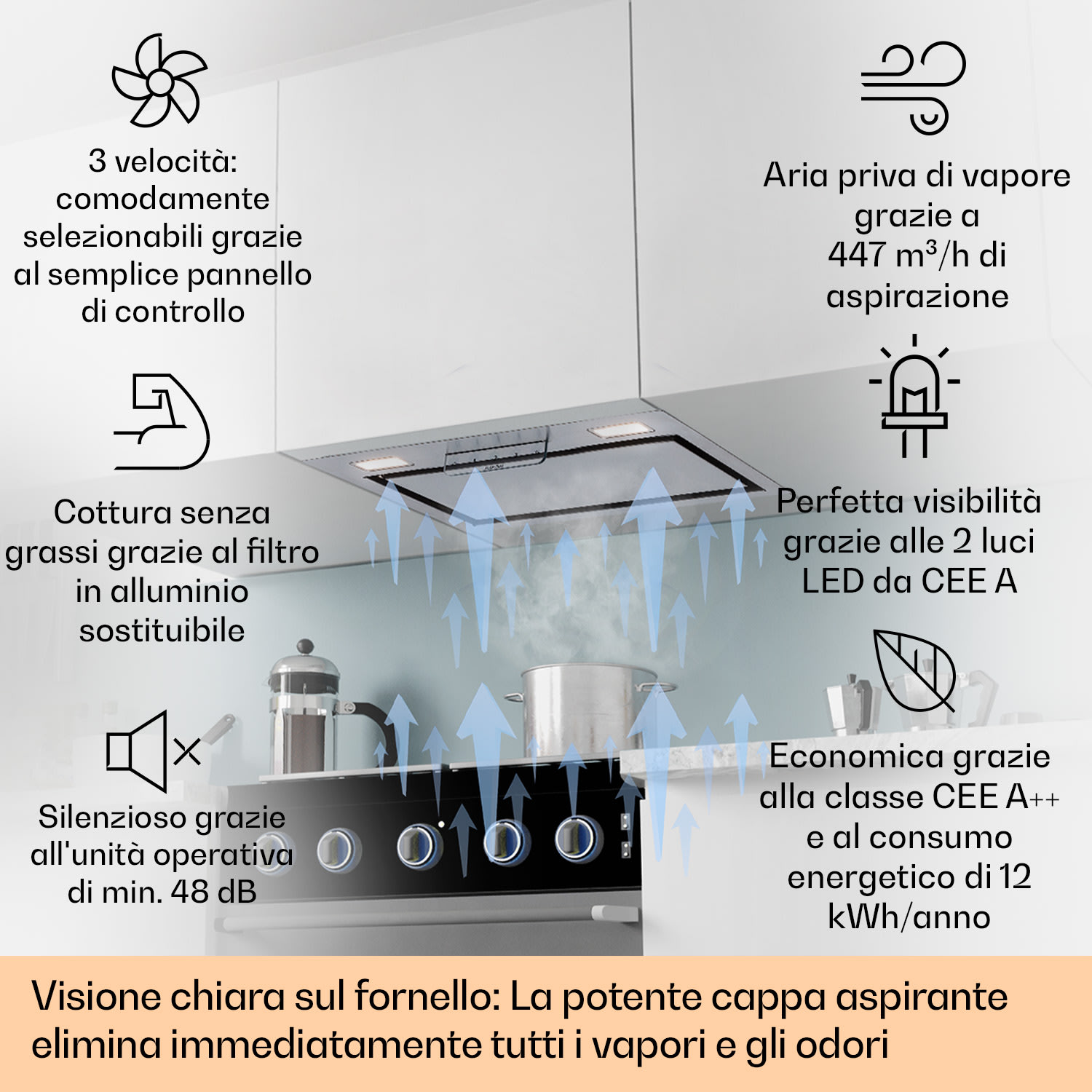 Camila - Cappa aspirante, incasso, 52 cm, 397 m³/ora, LED, touch, acciaio inox 