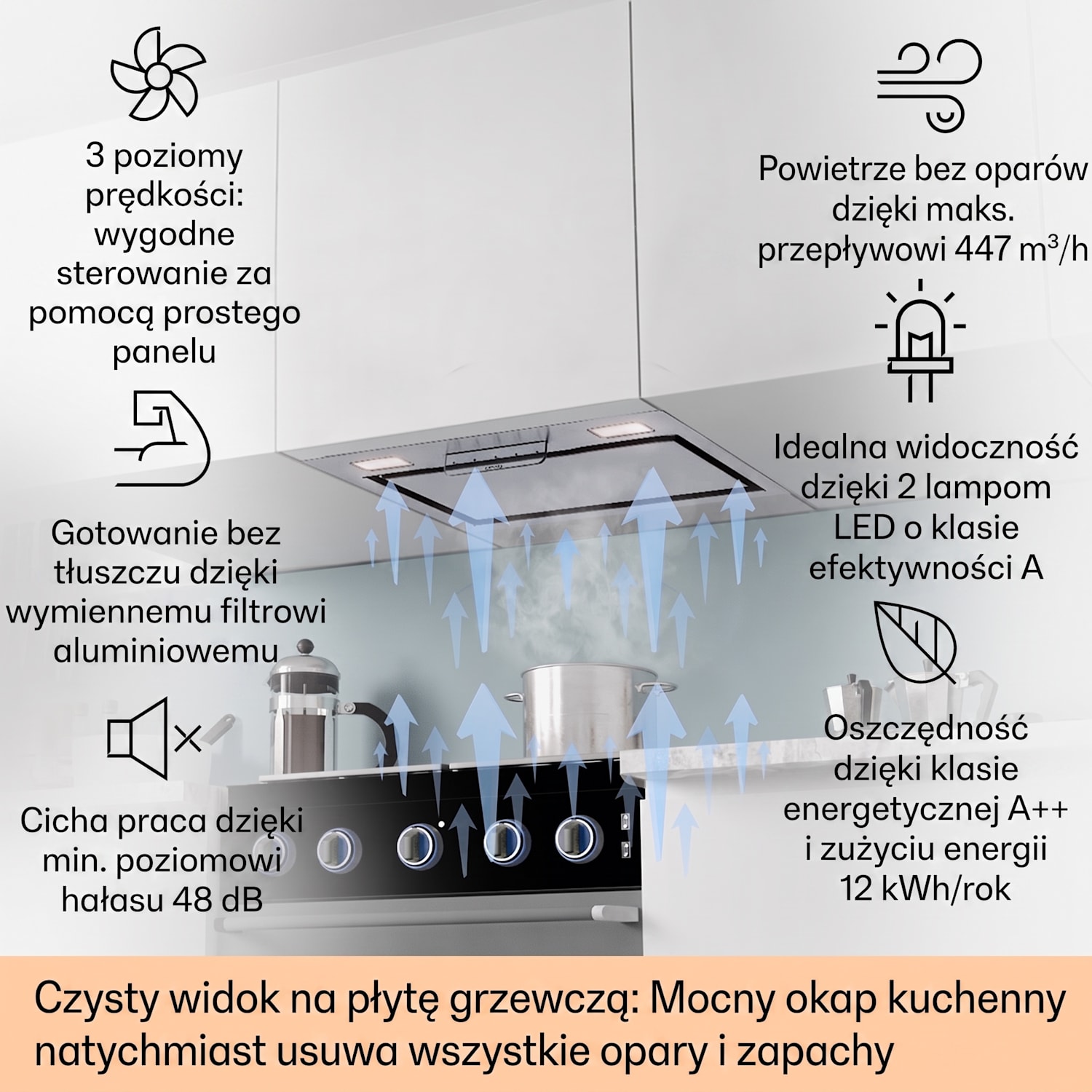 Camila okap kuchenny do zabudowy 52 cm 397 m³/h, LED panel dotykowy stal nierdzewna 52 cm | Stal nierdzewna