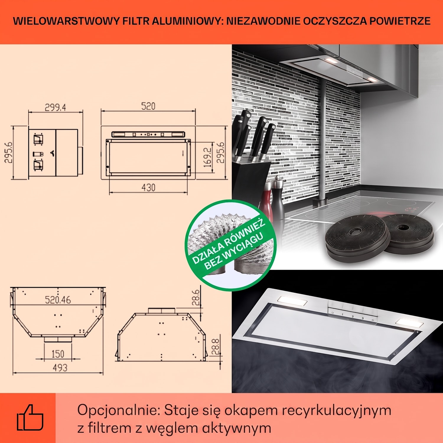 Camila okap kuchenny do zabudowy 52 cm 397 m³/h, LED panel dotykowy stal nierdzewna 52 cm | Stal nierdzewna