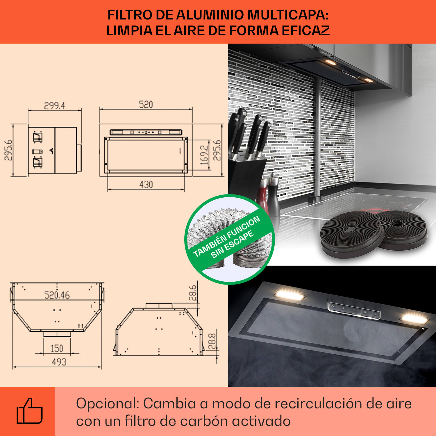 Campana extractora Camila empotrada 52 cm 397 m³/h LED Touch acero inoxidable 52 cm | Negro