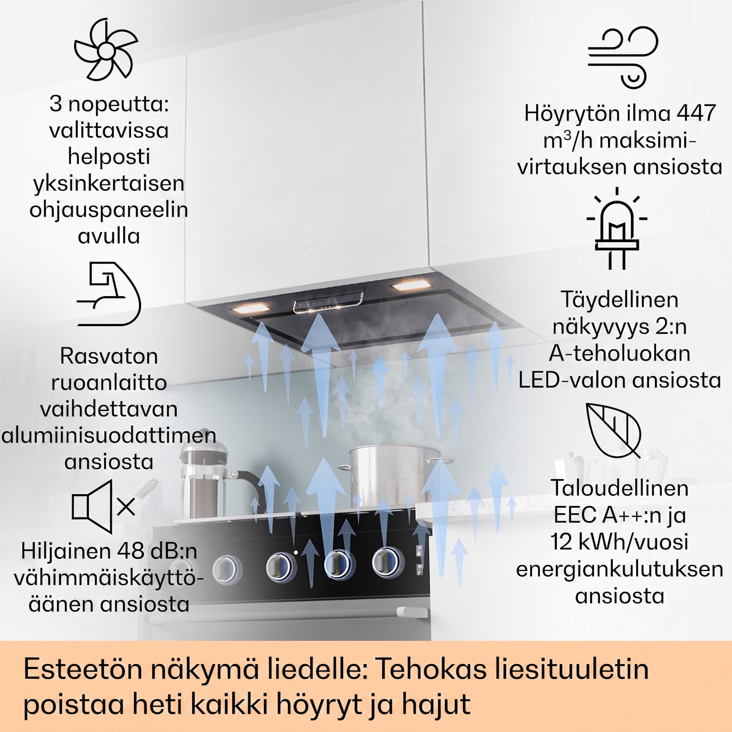 Camila liesituuletin integroitava 60 cm 369 m³/h LED kosketus ruostumaton teräs 52 cm | Musta