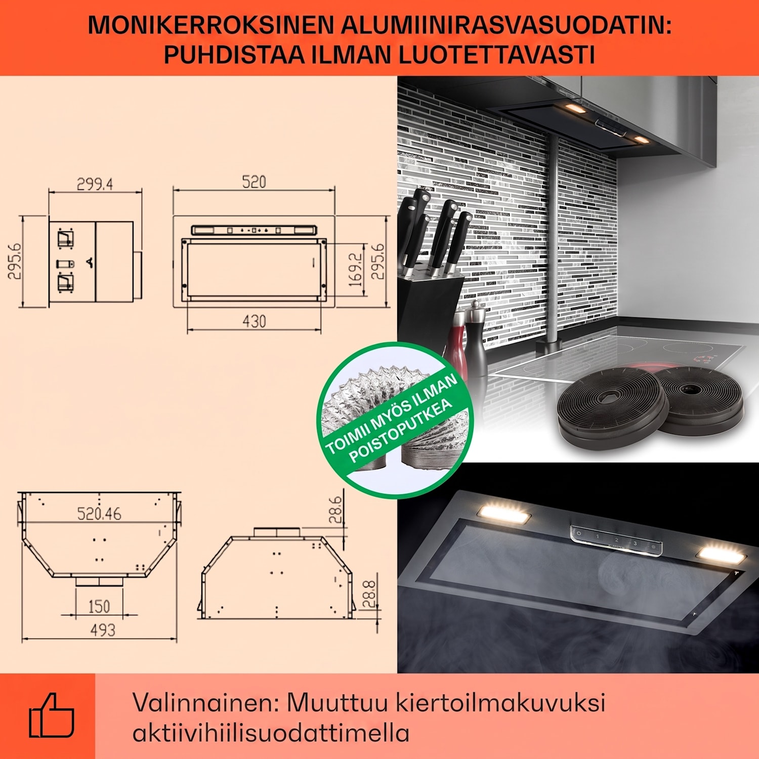 Camila liesituuletin integroitava 60 cm 369 m³/h LED kosketus ruostumaton teräs 52 cm | Musta