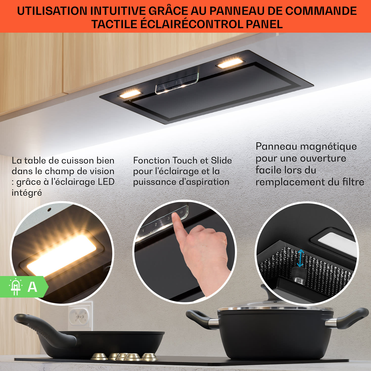 Camila Hotte aspirante encastrée 52 cm 397 m³/h LED tactile inox 52 cm | Noir