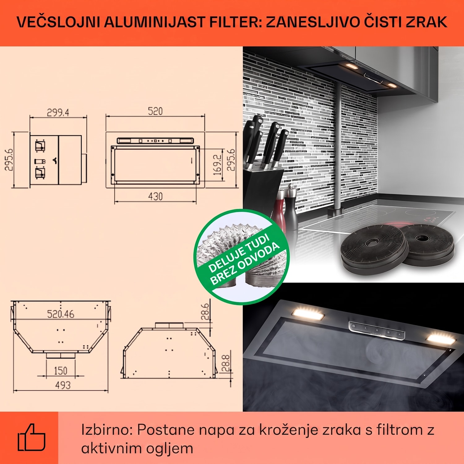Vgradna napa Camila 52 cm 369 m³/h LED Touch iz nerjavečega jekla 52 cm | Črna