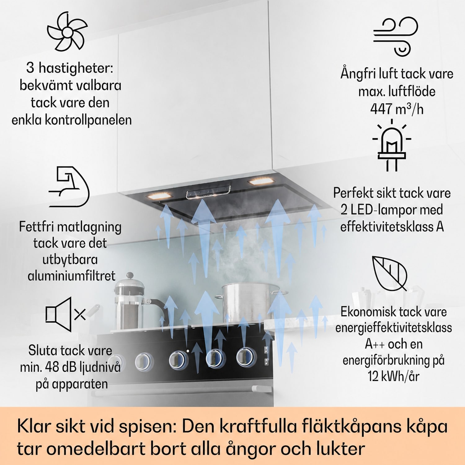 Camila Köksfläkt inbyggnad 52 cm 397 m³/h LED touch rostfritt stål 