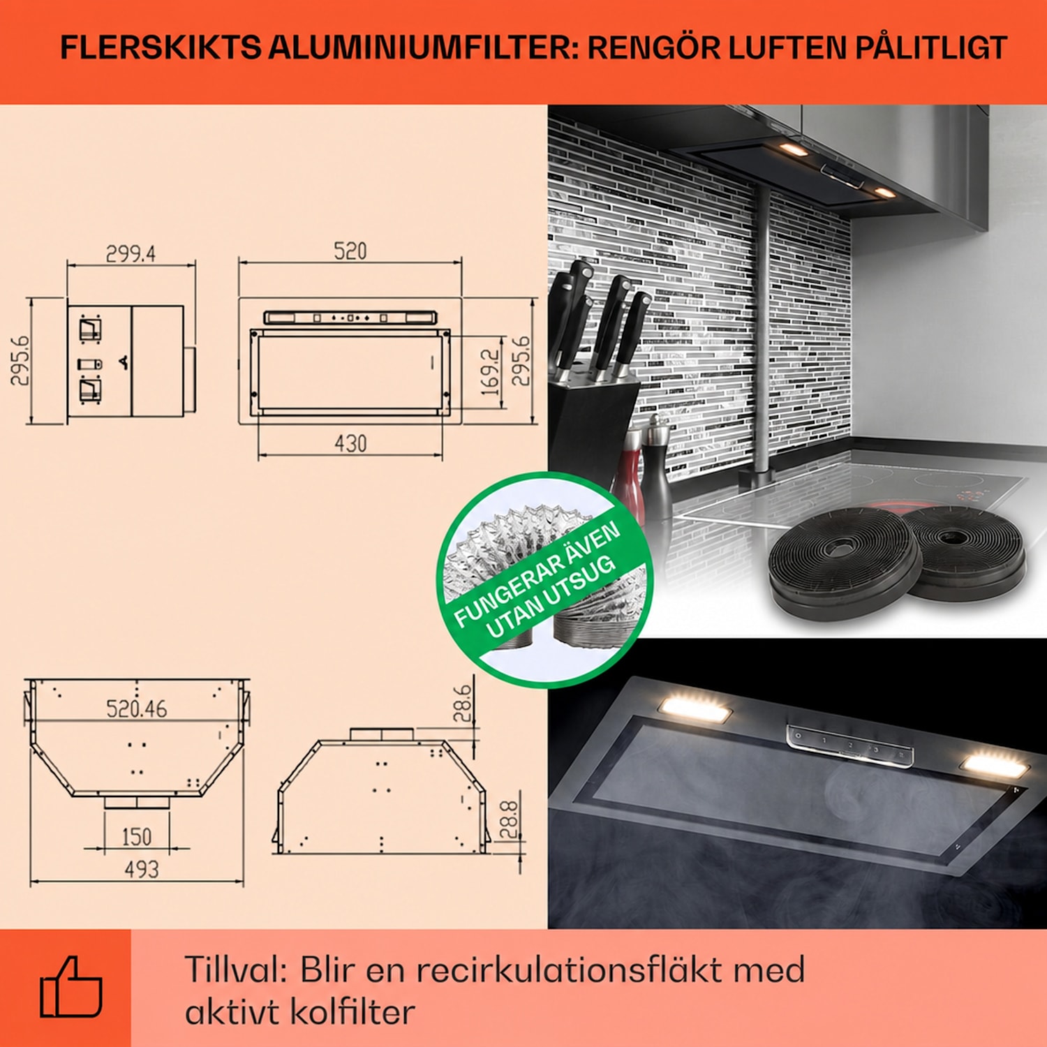 Camila Köksfläkt inbyggnad 52 cm 397 m³/h LED touch rostfritt stål 