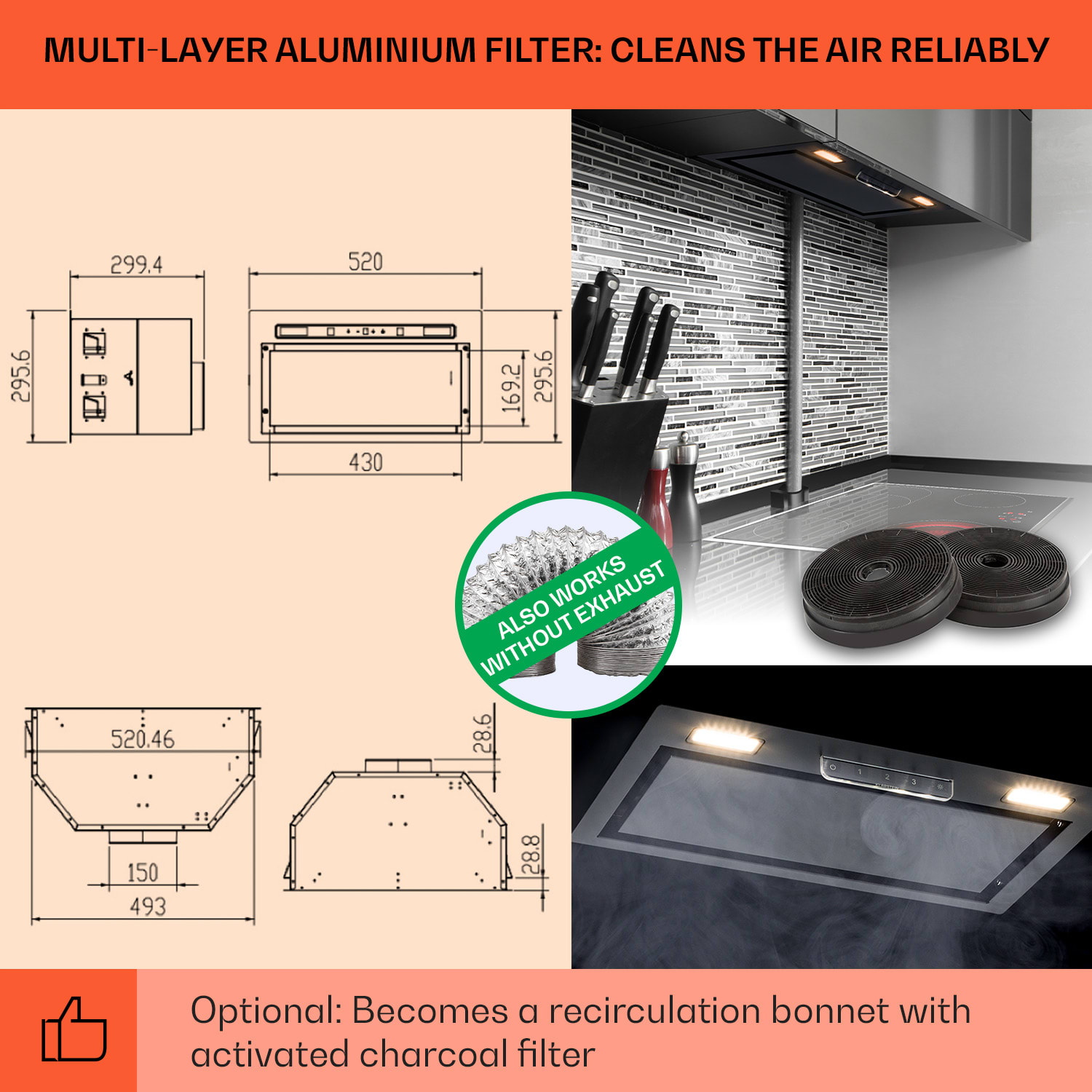 Vgradna napa Camila 52 cm 397 m³/h LED Touch iz nerjavečega jekla 52 cm | Črna