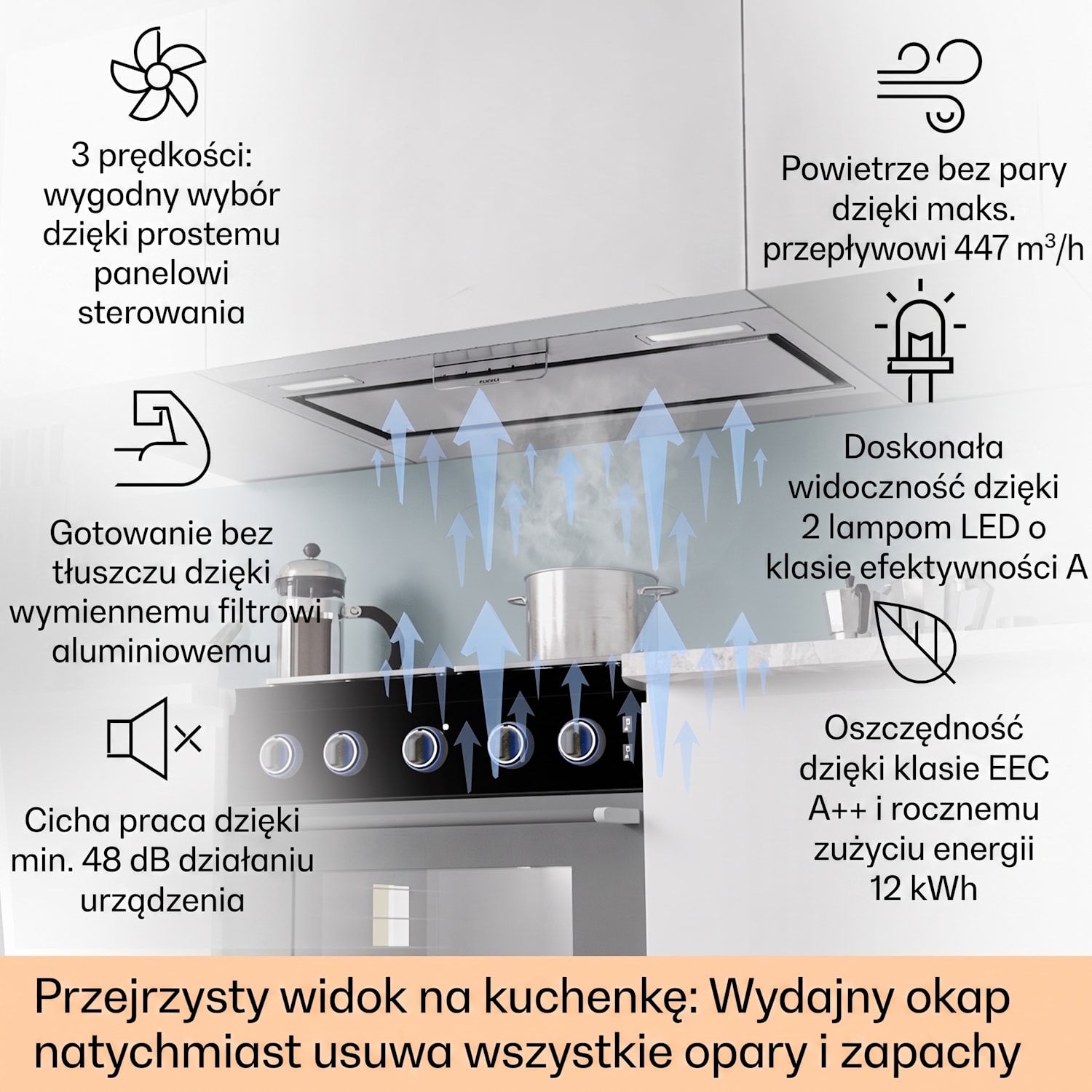 Camila okap kuchenny do zabudowy 70 cm 397 m³/h LED panel dotykowy stal nierdzewna 70 cm | Stal nierdzewna