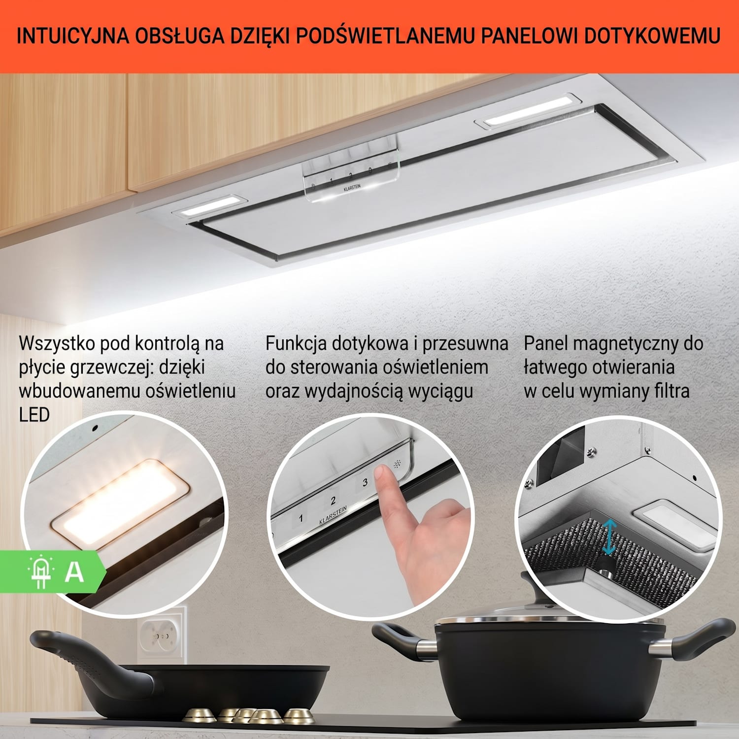 Camila okap kuchenny do zabudowy 70 cm 397 m³/h LED panel dotykowy stal nierdzewna 70 cm | Stal nierdzewna