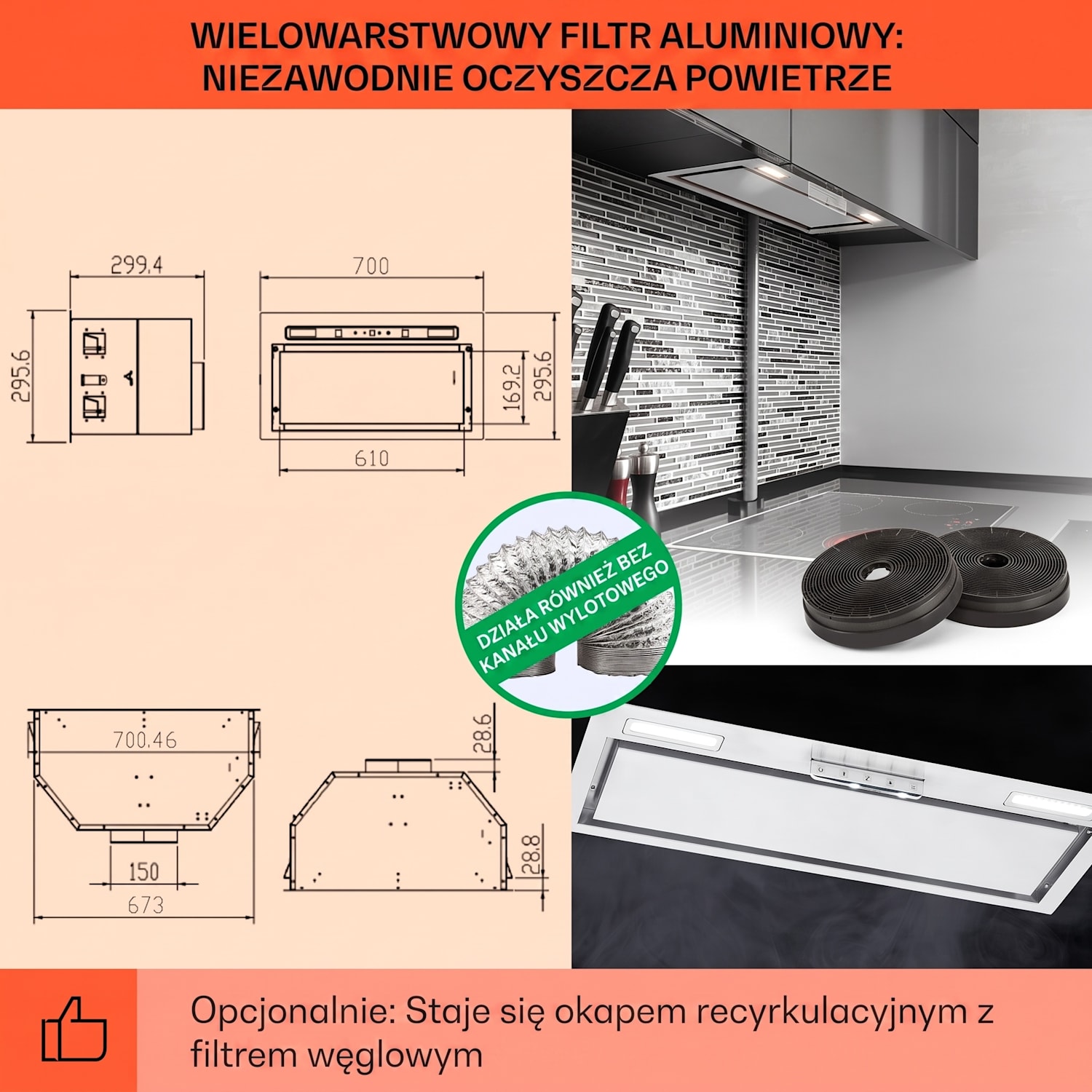 Camila okap kuchenny do zabudowy 70 cm 397 m³/h LED panel dotykowy stal nierdzewna 70 cm | Stal nierdzewna