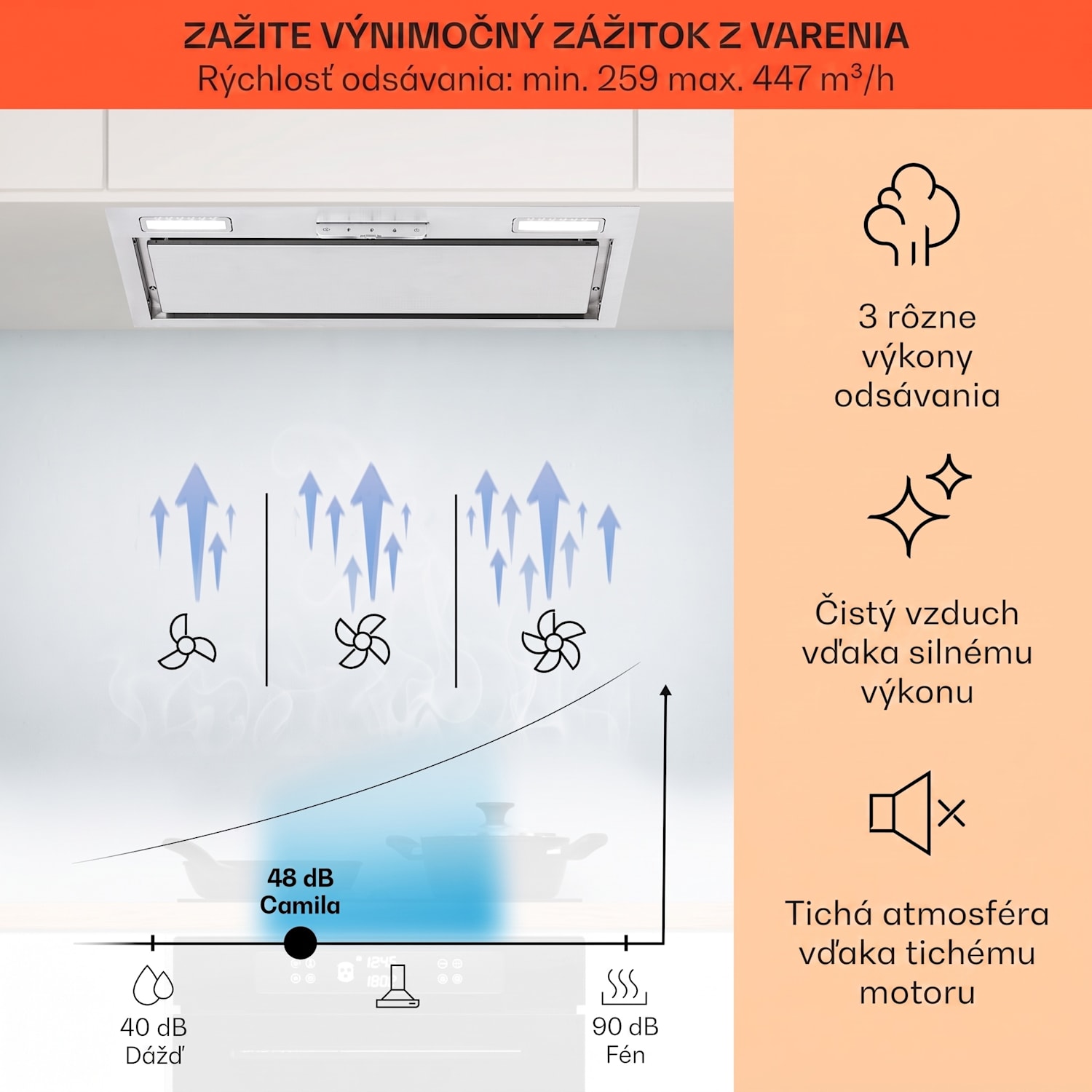Camila, vstavaný digestor, 70 cm, 380 m³/h, LED, dotyková plocha, nehrdzavejúca oceľ 70 cm | Nehrdzavejúca oceľ