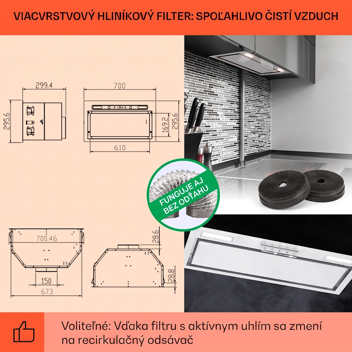 Camila, vstavaný digestor, 70 cm, 380 m³/h, LED, dotyková plocha, nehrdzavejúca oceľ 70 cm | Nehrdzavejúca oceľ