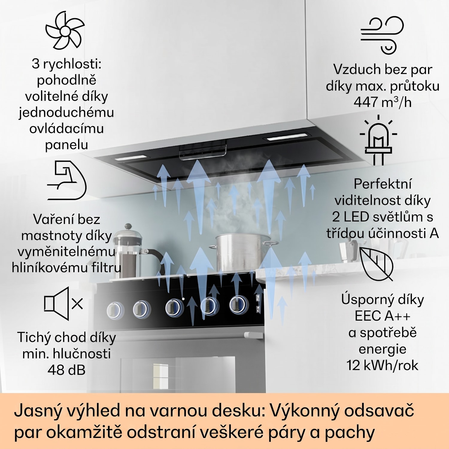 Vestavný Digestoř Camila 70 cm 380 m³/h LED touch nerezová ocel 70 cm | Černá