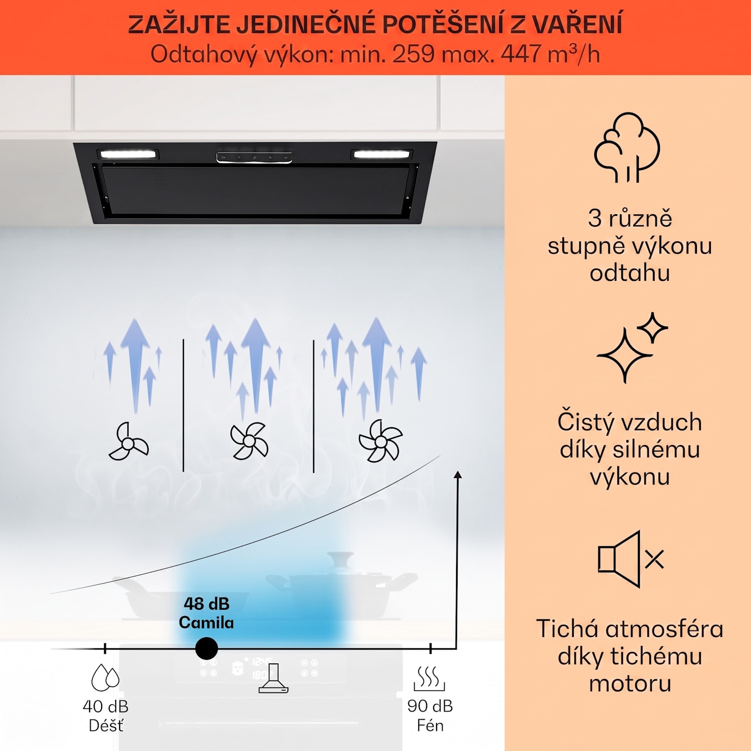 Vestavný Digestoř Camila 70 cm 380 m³/h LED touch nerezová ocel 70 cm | Černá