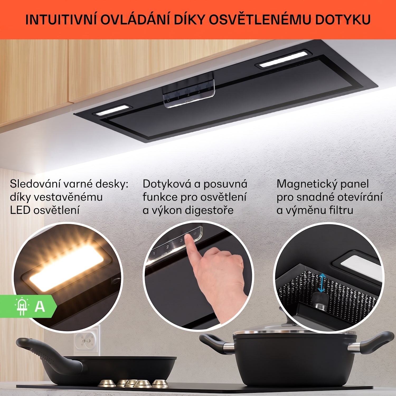 Vestavný Digestoř Camila 70 cm 380 m³/h LED touch nerezová ocel 70 cm | Černá