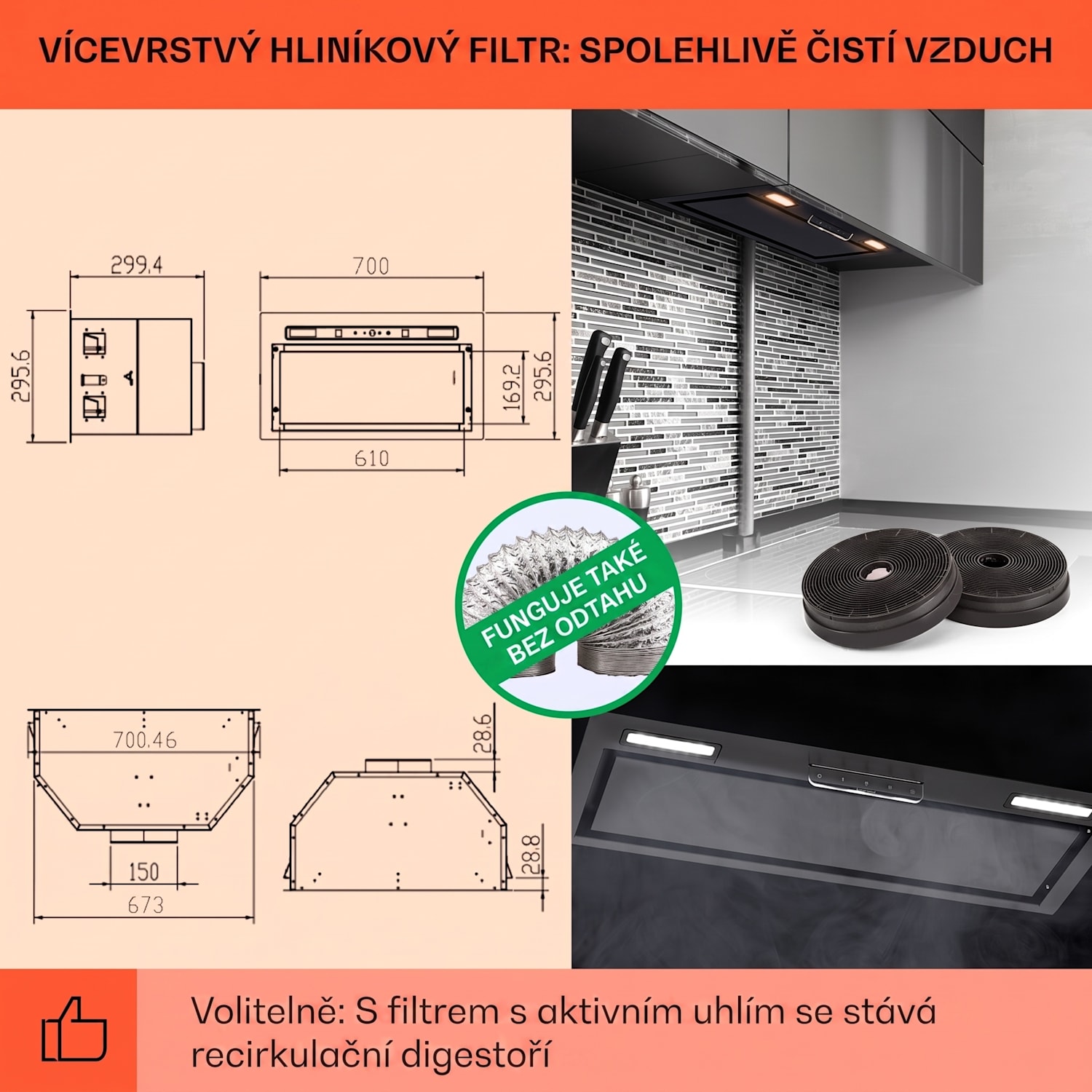 Vestavný Digestoř Camila 70 cm 380 m³/h LED touch nerezová ocel 70 cm | Černá
