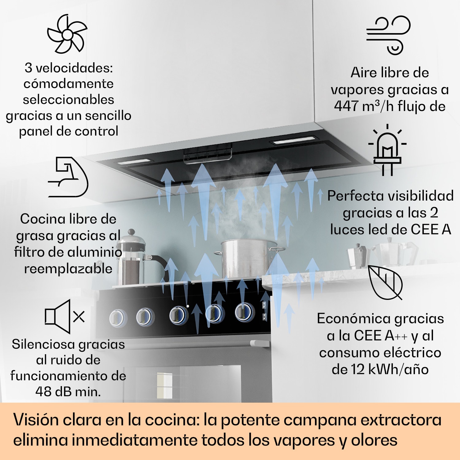 Campana extractora Camila empotrada 70 cm 397 m³/h LED Touch acero inoxidable 70 cm | Negro
