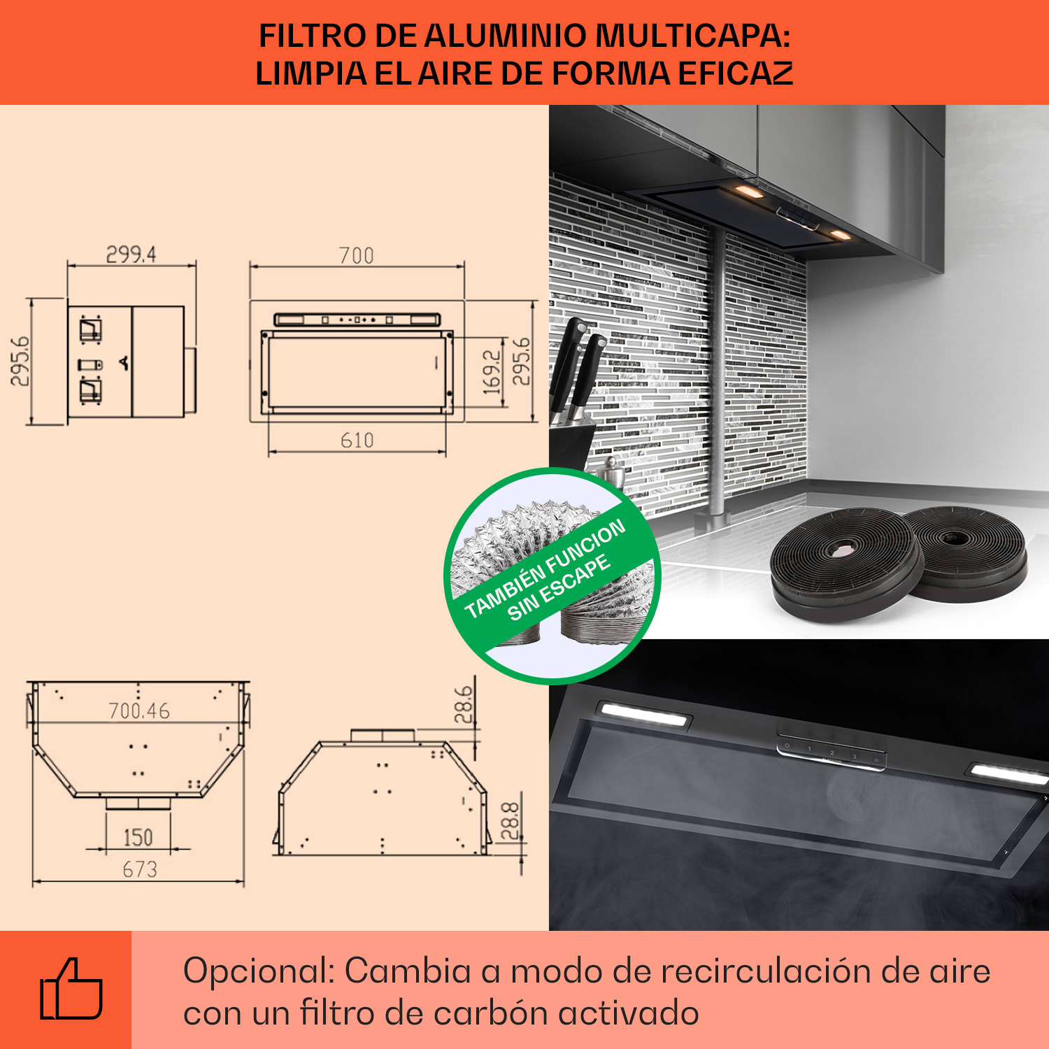 Campana extractora Camila empotrada 70 cm 397 m³/h LED Touch acero inoxidable 70 cm | Negro