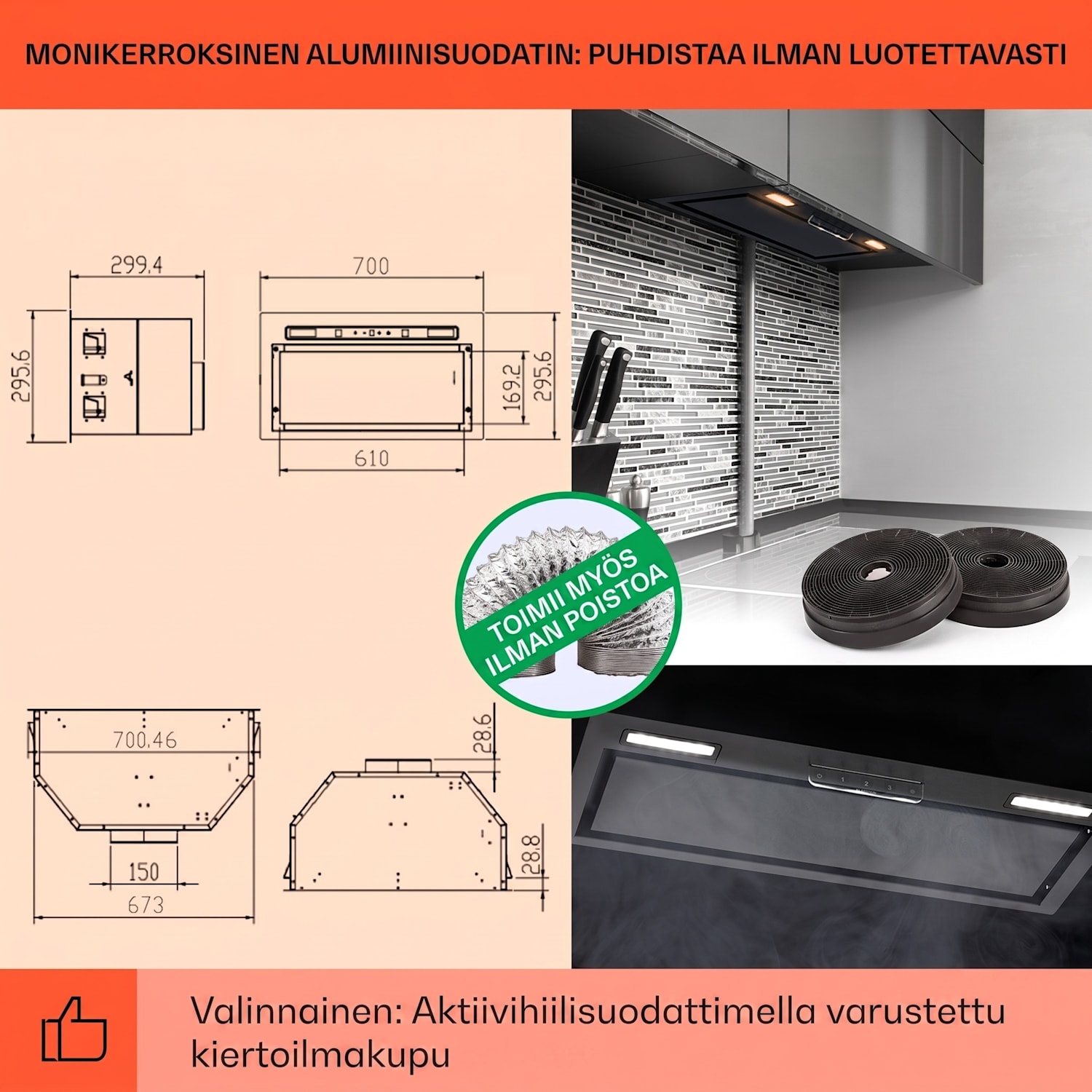 Camila liesituuletin integroitava 70 cm 380 m³/h LED kosketus ruostumaton teräs 70 cm | Musta