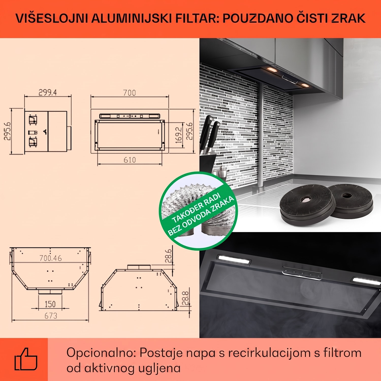 Ugradbena napa Camila 70 cm 380 m³/h LED touch nehrđajući čelik 70 cm | Crna