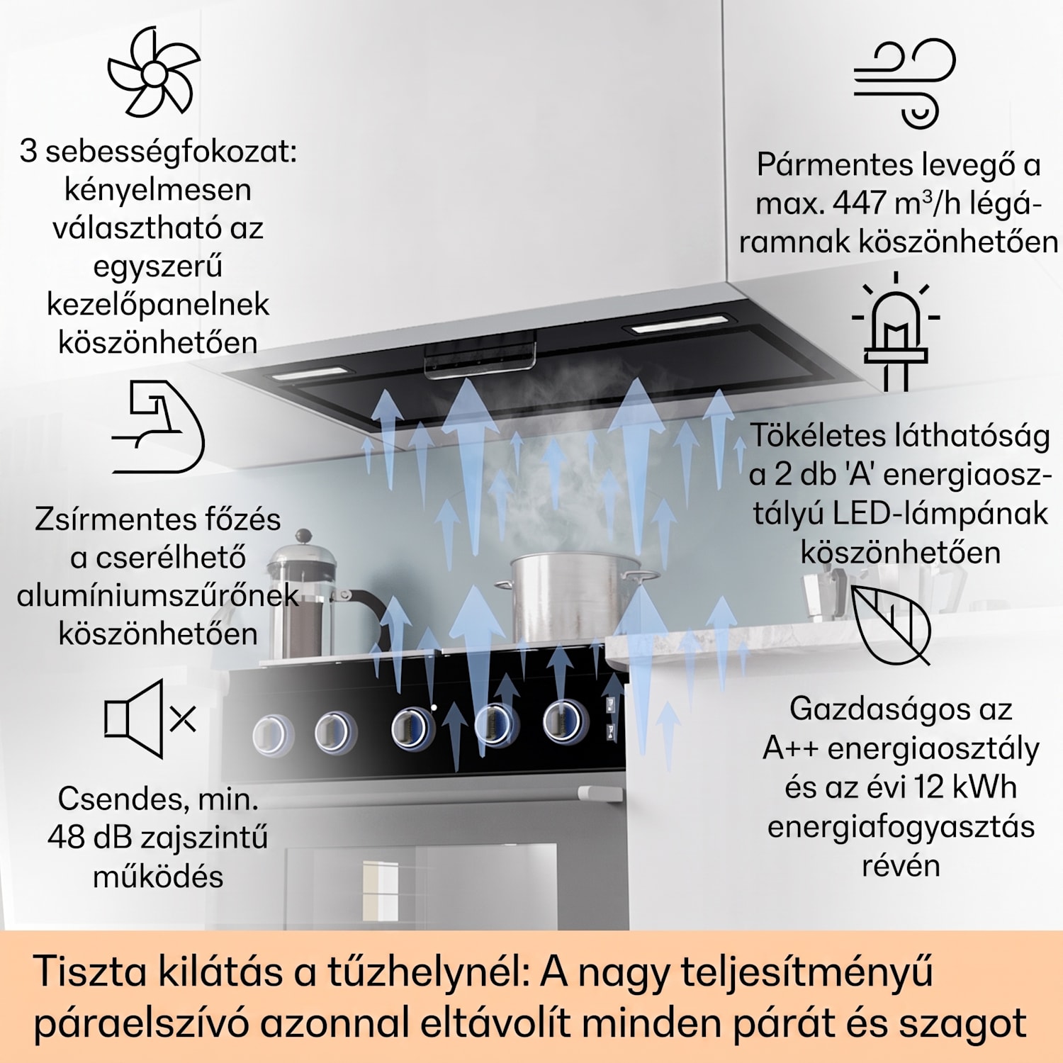 Beépíthető páraelszívó Camila 70 cm 397 m³/ó LED touch rozsdamentes acélból 70 cm | Fekete