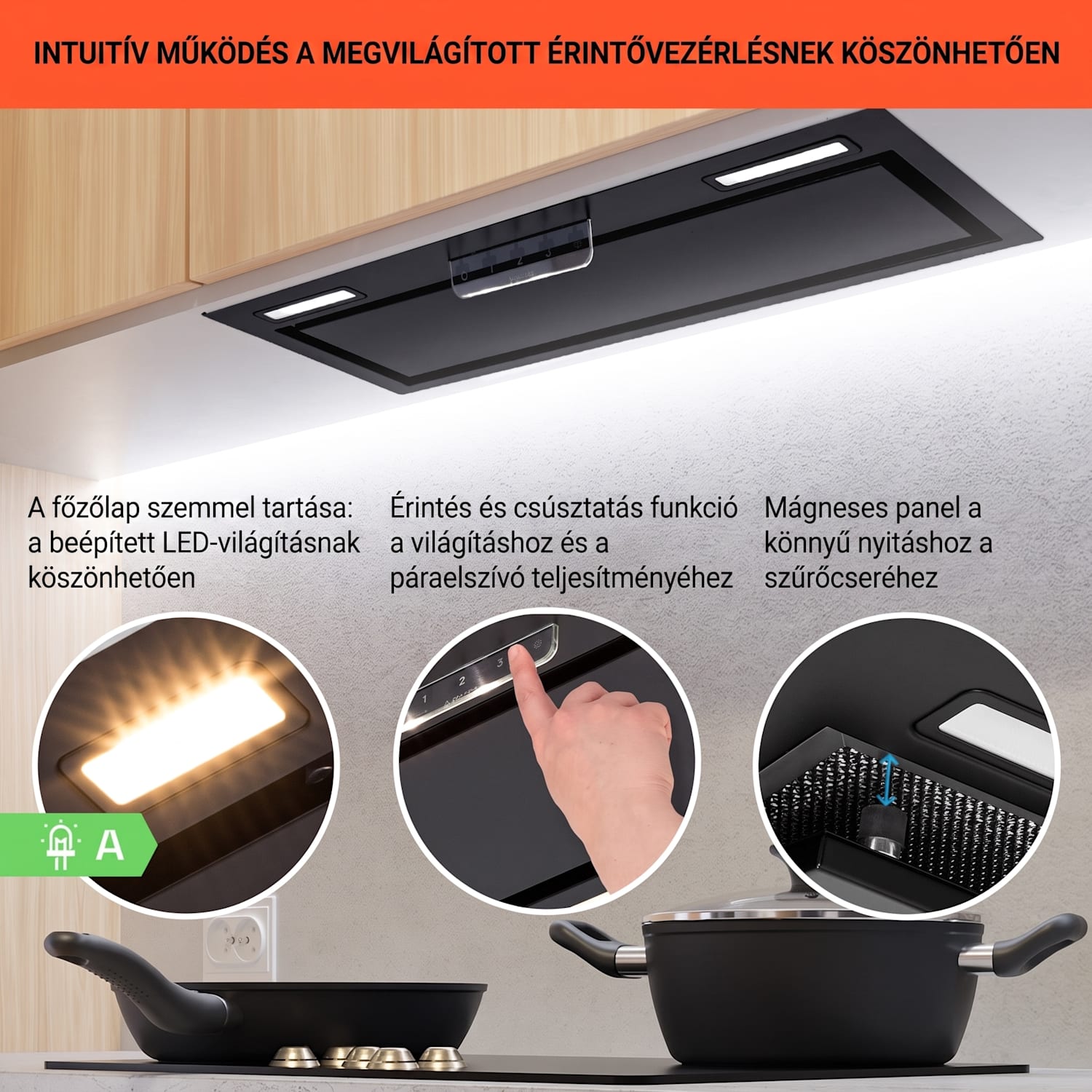 Beépíthető páraelszívó Camila 70 cm 397 m³/ó LED touch rozsdamentes acélból 70 cm | Fekete