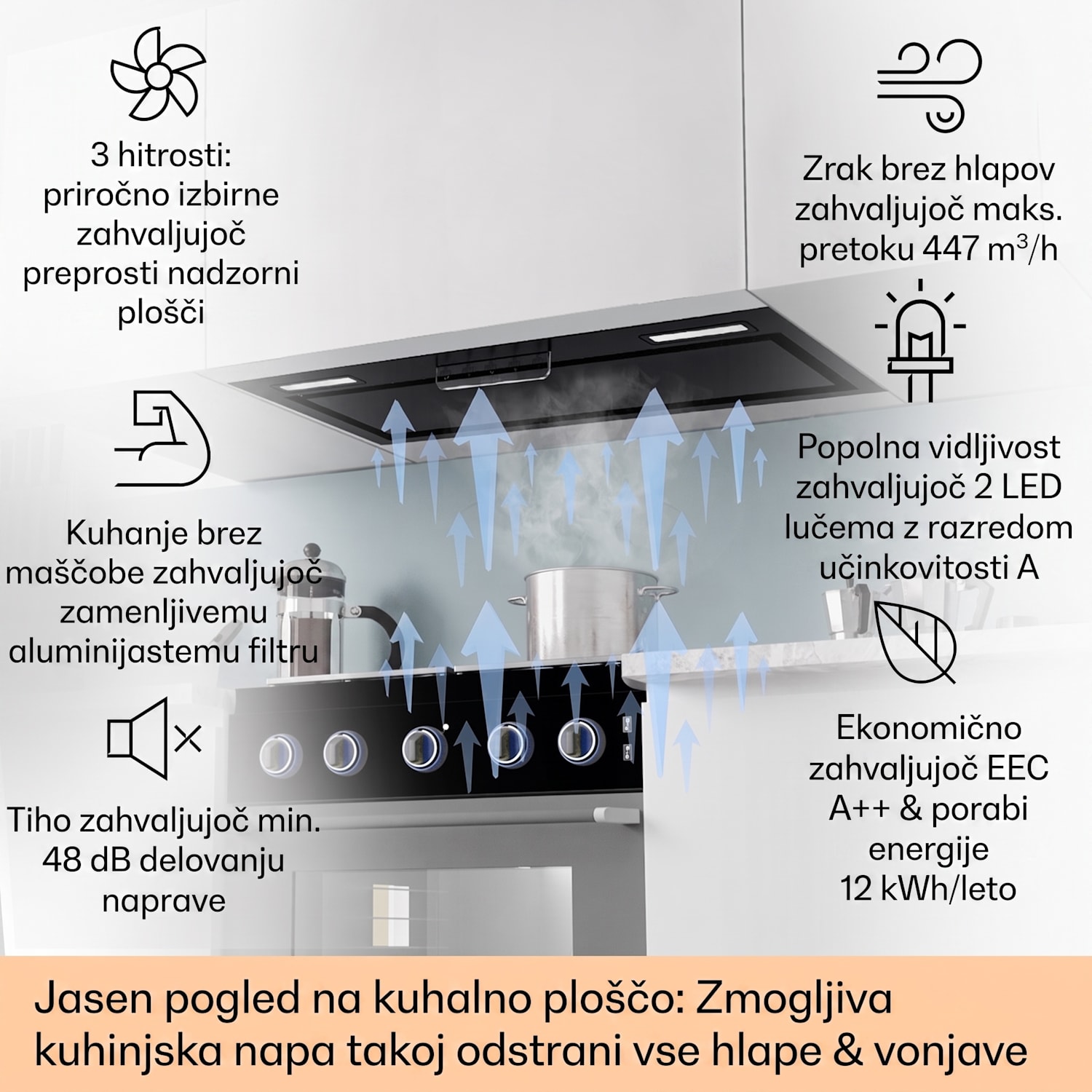 Vgradna kuhinjska napa Camila 70 cm 380 m³/h LED touch iz nerjavečega jekla 70 cm | Črna