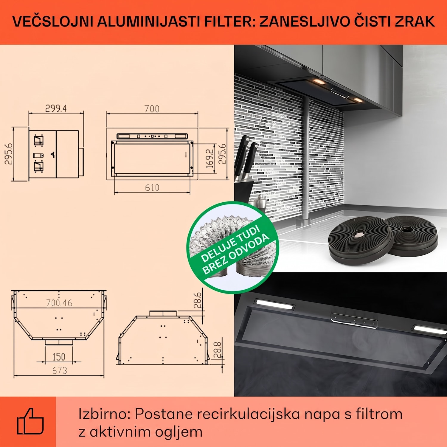 Vgradna kuhinjska napa Camila 70 cm 380 m³/h LED touch iz nerjavečega jekla 70 cm | Črna