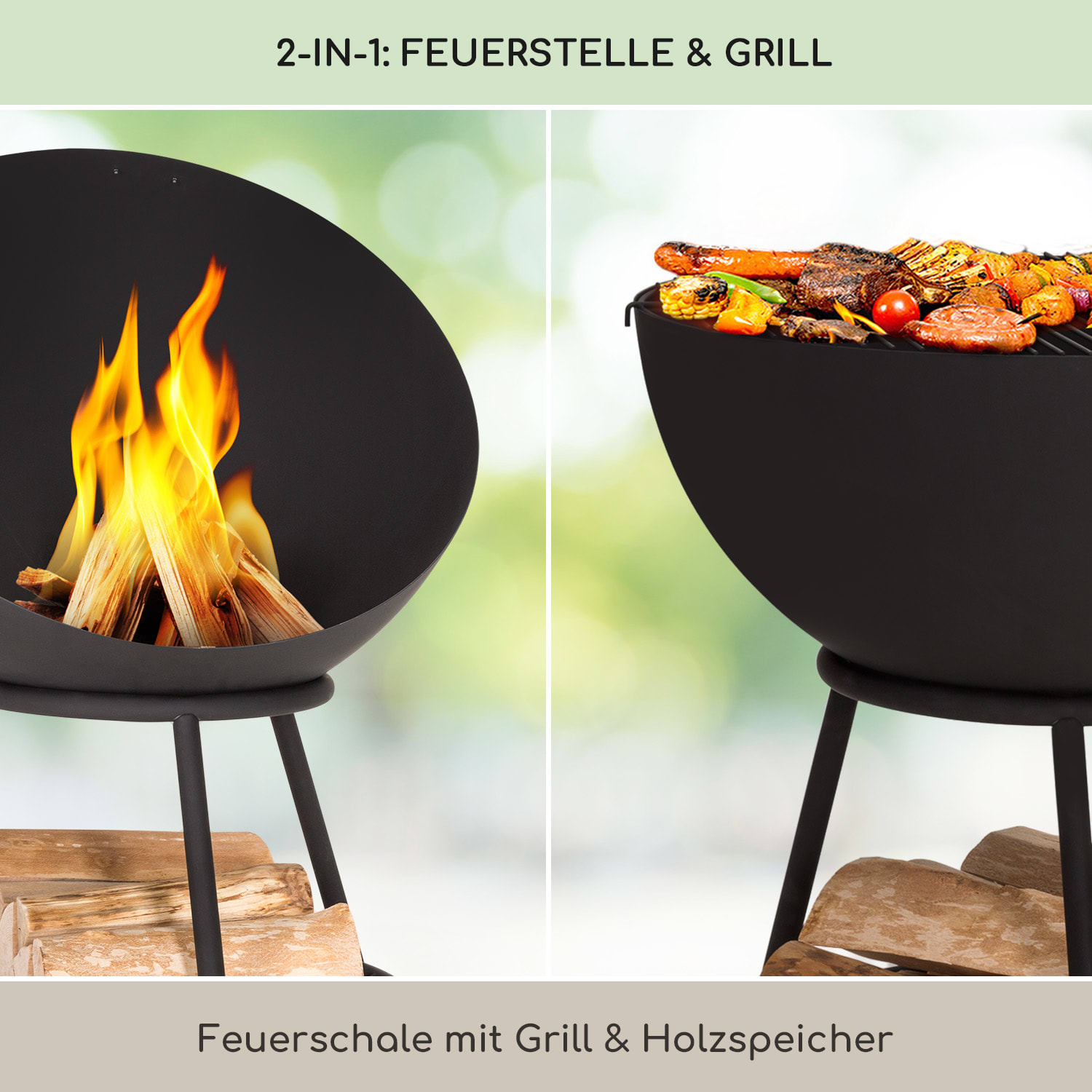 Azuma Feuerschale Ø 66 cm 2 mm Holzkohle- und Grillrost Regenschutzhülle & Schürhaken Schwarz