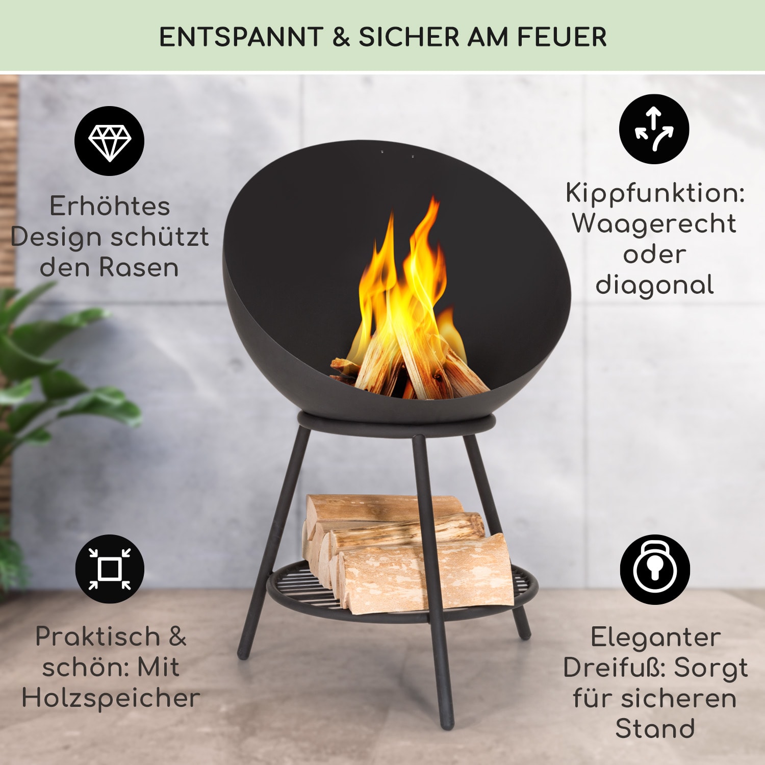 Azuma Feuerschale Ø 66 cm 2 mm Holzkohle- und Grillrost Regenschutzhülle & Schürhaken Schwarz