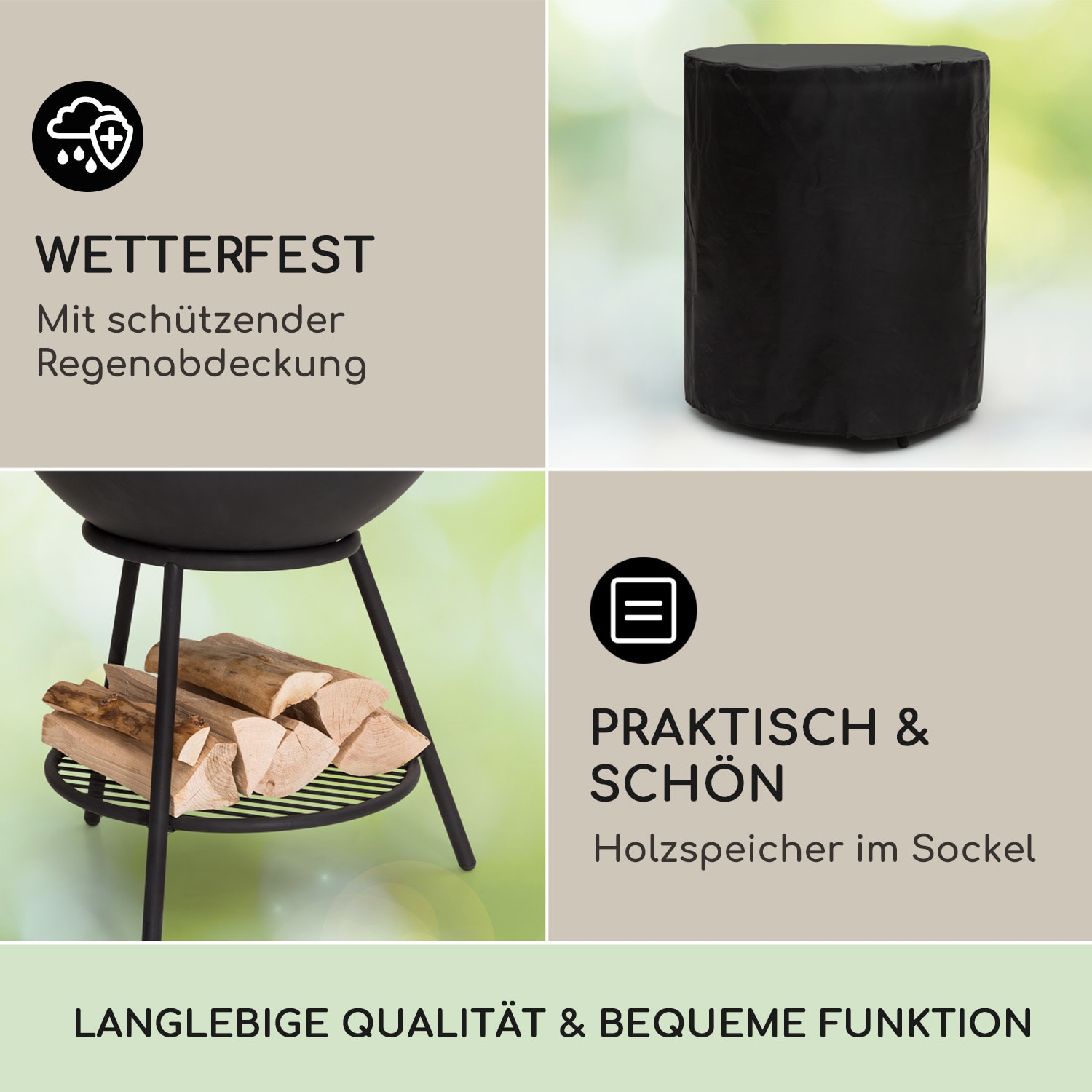 Azuma Feuerschale Ø 66 cm 2 mm Holzkohle- und Grillrost Regenschutzhülle & Schürhaken Schwarz