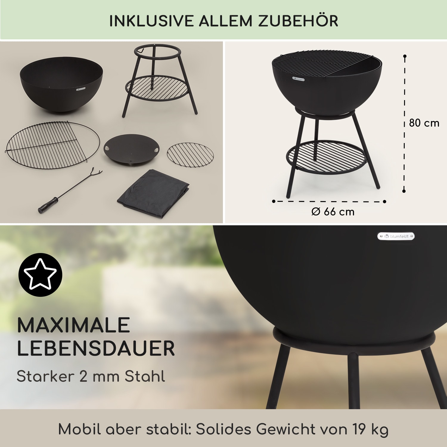 Azuma Feuerschale Ø 66 cm 2 mm Holzkohle- und Grillrost Regenschutzhülle & Schürhaken Schwarz