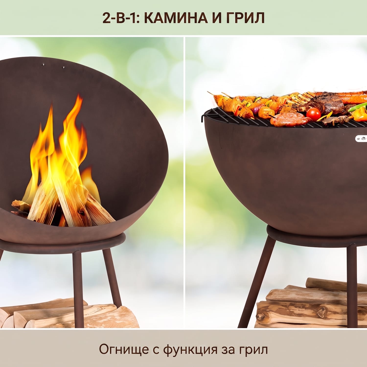 Azuma, камина, Ø 66 см, 2 мм, скара за дървени въглища и скара, дъждобран и покер Изправени | Стомана | Ръжда