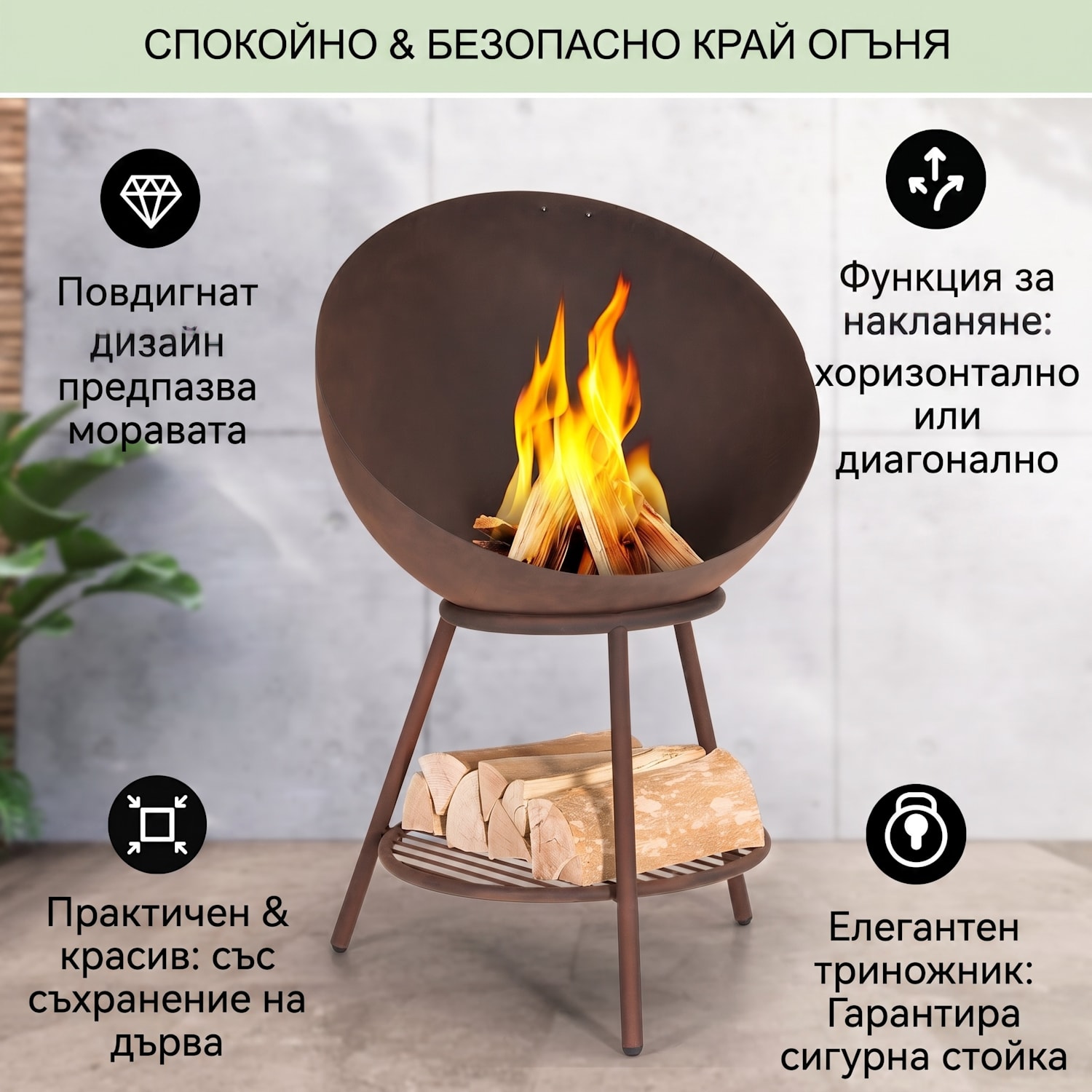 Azuma, камина, Ø 66 см, 2 мм, скара за дървени въглища и скара, дъждобран и покер Изправени | Стомана | Ръжда