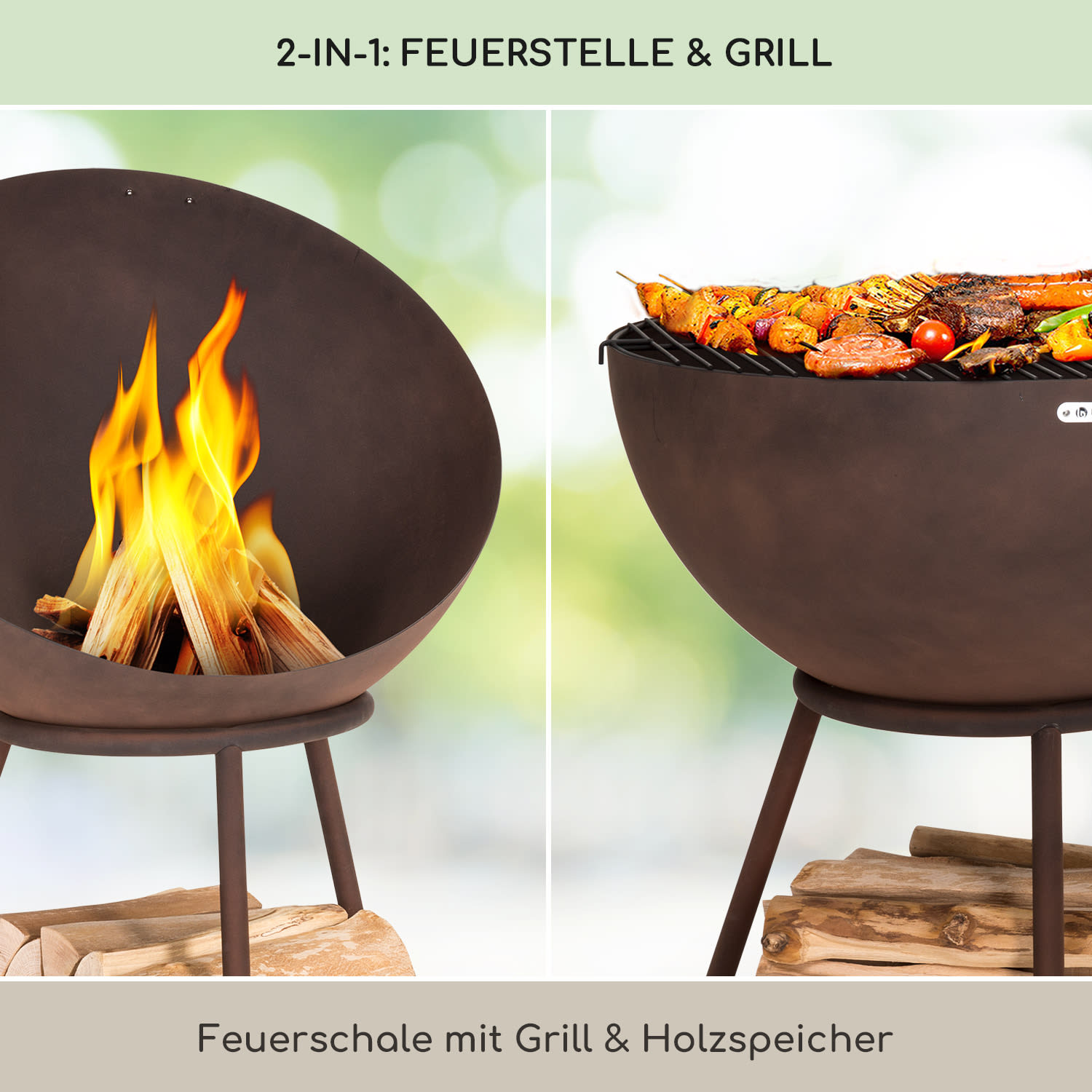 Azuma Feuerschale Ø 66 cm 2 mm Holzkohle- und Grillrost Regenschutzhülle & Schürhaken Stehend | Stahl | Rost