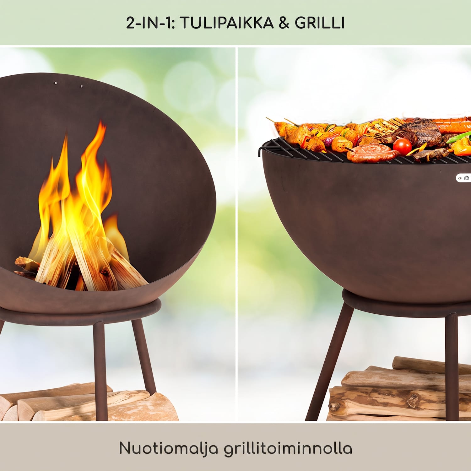 Azuma tulikulho Ø 66 cm 2 mm hiili- ja grilliritilä, sadesuoja ja tulisijan tarttujan koukku Seisomassa | Teräs | Ruoste