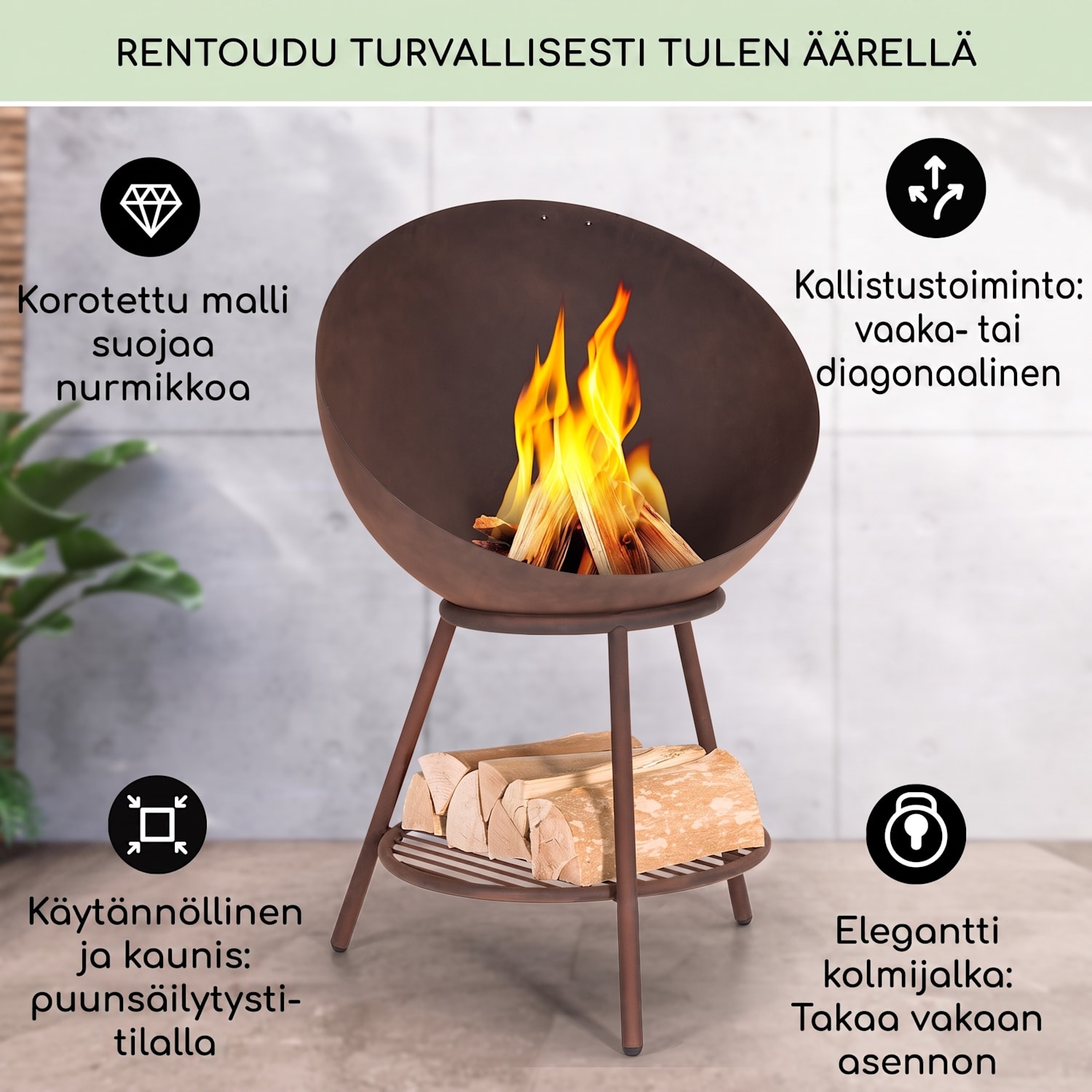 Azuma tulikulho Ø 66 cm 2 mm hiili- ja grilliritilä, sadesuoja ja tulisijan tarttujan koukku Seisomassa | Teräs | Ruoste