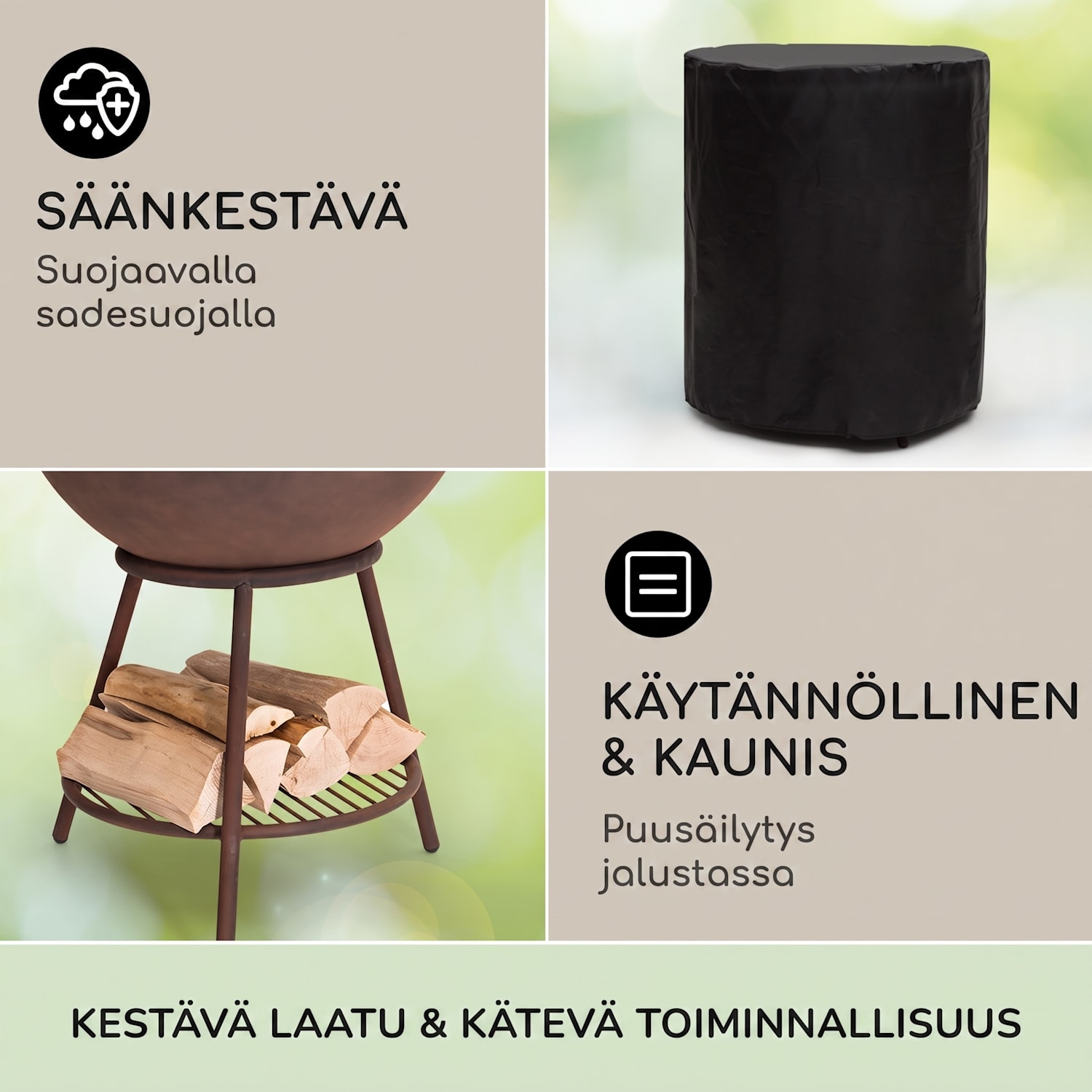 Azuma tulikulho Ø 66 cm 2 mm hiili- ja grilliritilä, sadesuoja ja tulisijan tarttujan koukku Seisomassa | Teräs | Ruoste